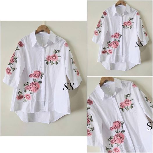 เสื้อเชิ้ต ผ้าcotton เนื้อผ้าเนื้อดี งานแต่งปักลายดอก กระดุมหน้า งานหน้าสั้นหลังยาว รุ่นนี้งานสวยมากค่ะ : สินค้าคุณภาพ (พร้อมส่ง)
