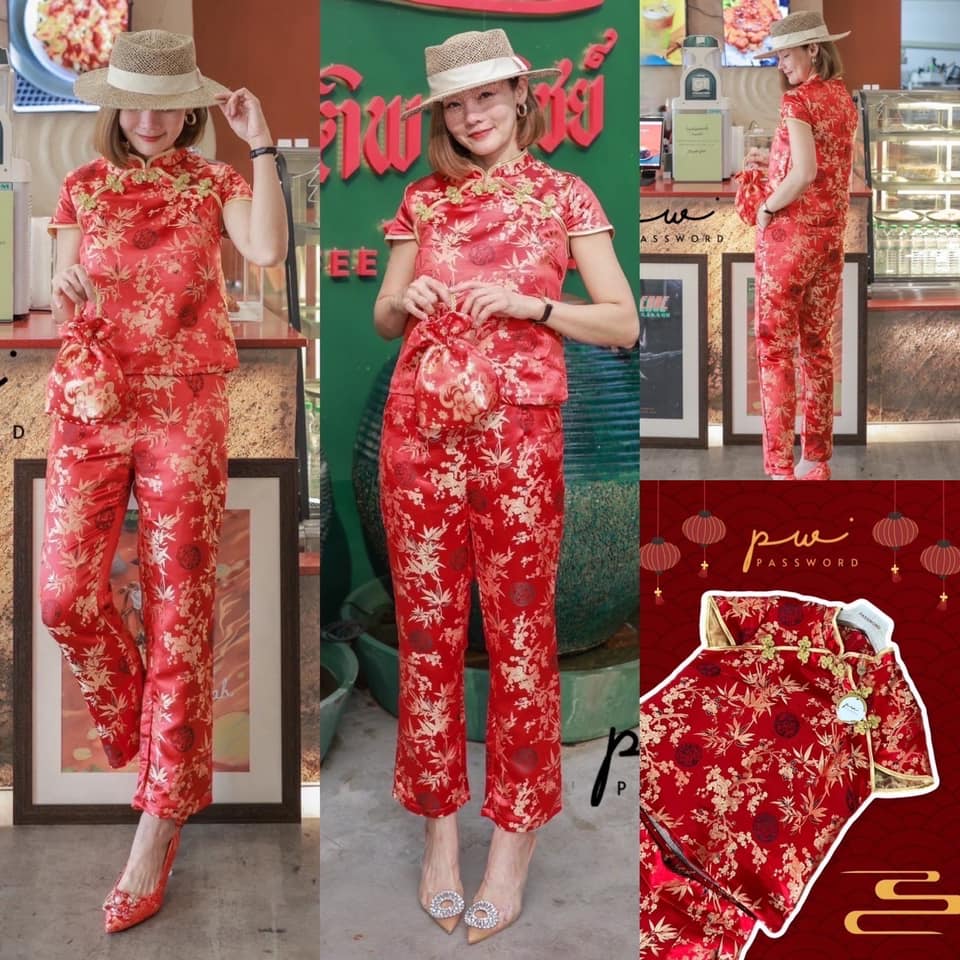 Set 2pcs. เซตกี่เพ้า ผ้าไหมจีนเนื้อนุ่ม ใส่เย็นสบายที่สุด เนื้อผ้าทอลายสีมงคล ใส่สวยปัง รับทรัพย์ รับโชค วันตรุษจีน สินค้าคุณภาพ (พร้อมส่ง)