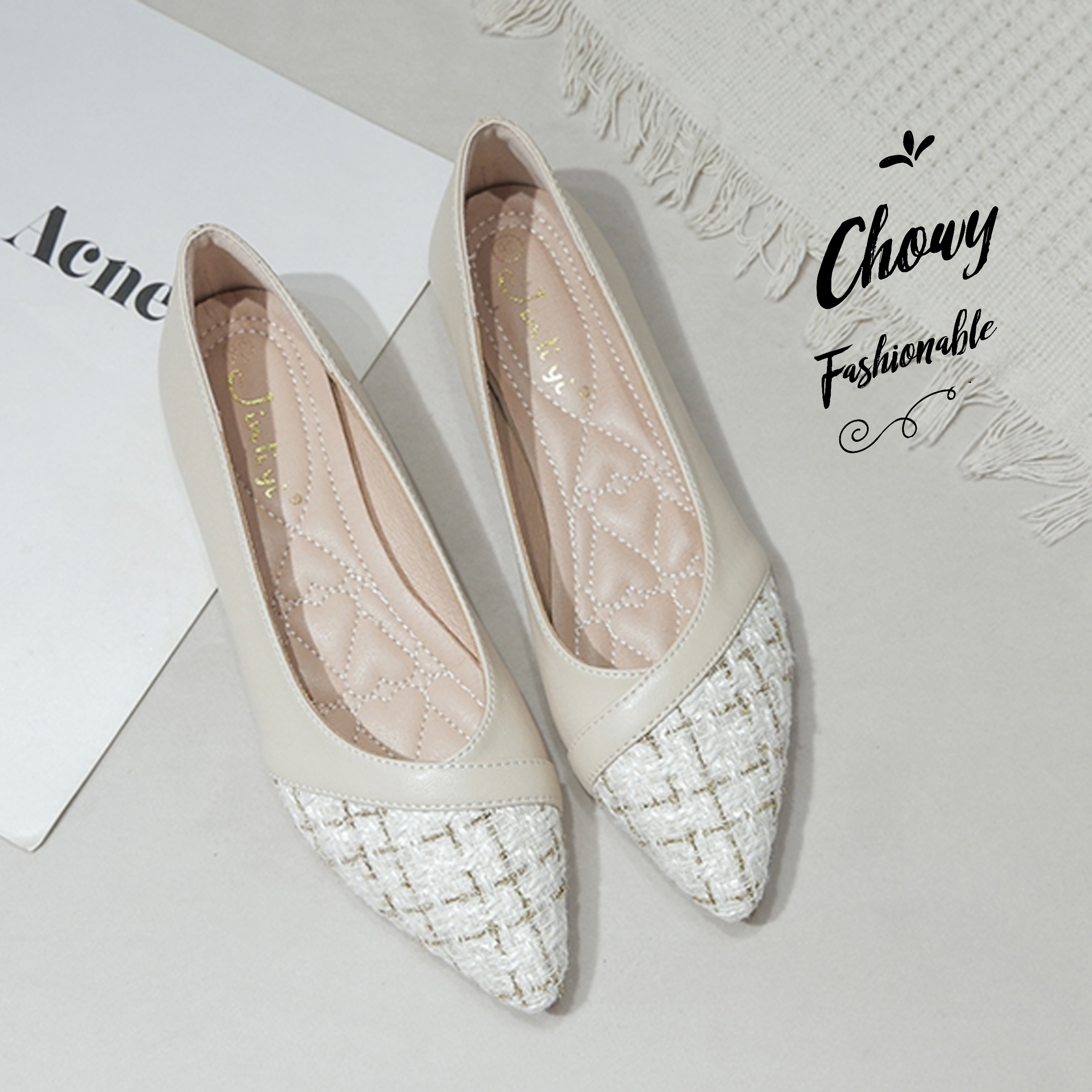 รองเท้าไซส์ใหญ่ 43 (42EU) 8.5US ส้นแบนไซส์ใหญ่ Across Tweed สีครีม KR1014BE