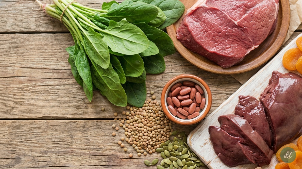 อาหารที่มีธาตุเหล็กสูง ผักใบเขียว ตับ เนื้อแดง ช่วยบำรุงเลือดและรากผม