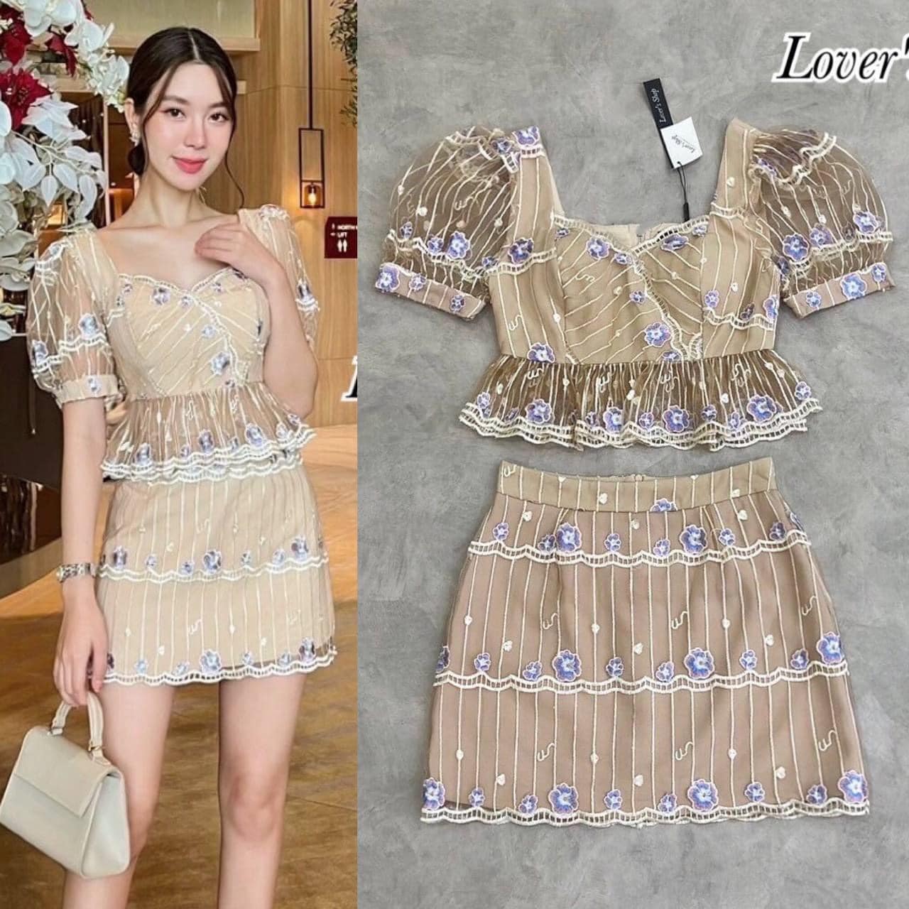 Set.2ชิ้น เสื้อลูกไม้ ทรงแขนตุ๊กตา ชายแต่งระบาย ช่วงอกเสริมฟองน้ำ มาพร้อมกระโปรงทรงสอบ เอวสูง ใส่สบาย สินค้าคุณภาพ (พร้อมส่ง)