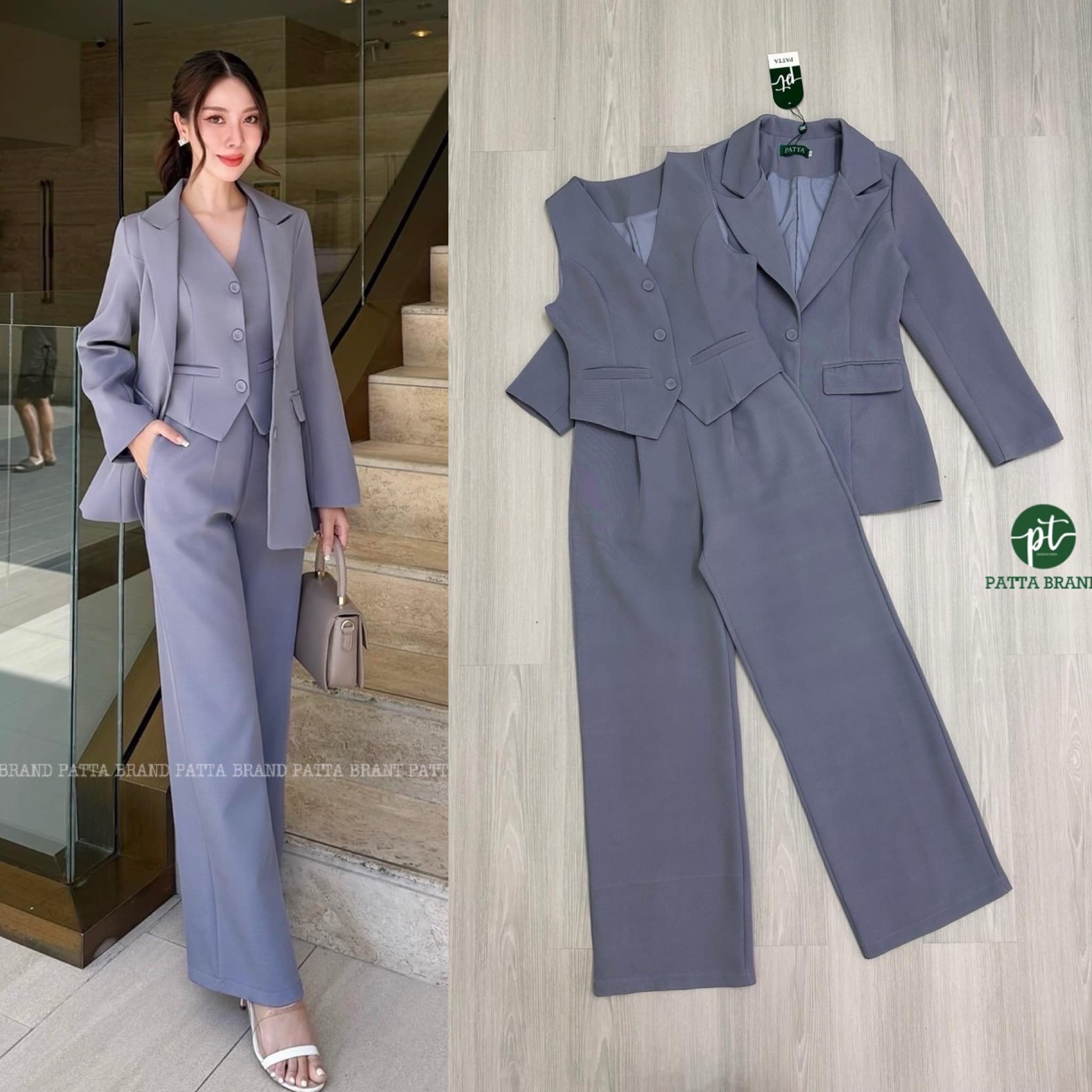 Set3ชิ้น สีเทาเสื้อคลุมสูทแขนยาวมีกระดุมหน้าและมีกระเป๋าใช้งานได้จริง มาพร้อมเสื้อแขนกุดตัวในมีกระดุมเรียงยาว ใส่แม๊ทช์คู่กันลงตัวมากๆ และมาคู่กางเกงขายาวทรงกระบอก ทรงบอยสวย มีซิปหลัง ใส่สบาย : สินค้าคุณภาพ (พร้อมส่ง)