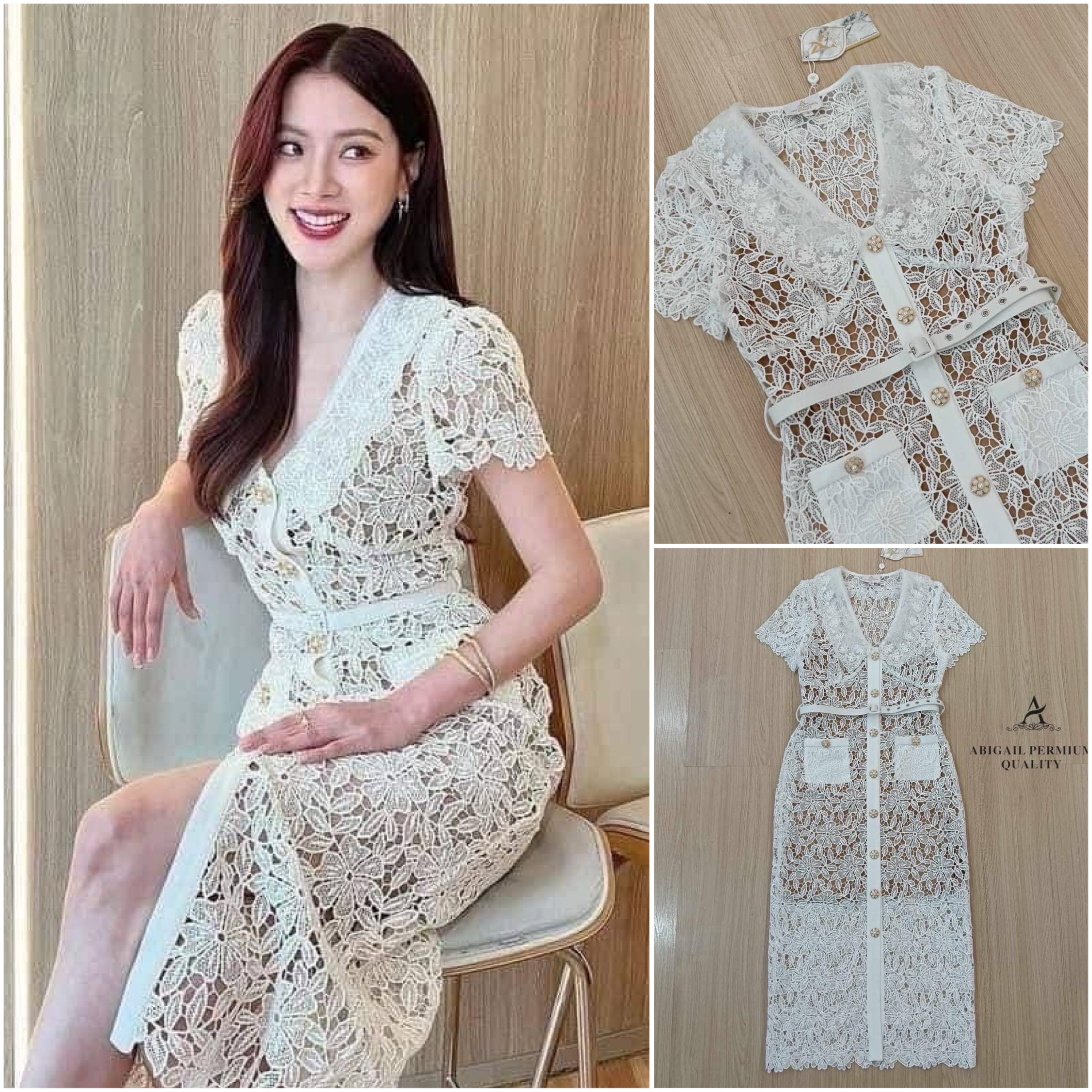 เดรสยาวใบเฟิร์นผ้าลูกไม้ทอเกรด พรีเมียม ซับในสีเนื้อผ้าหนาอย่างดี งานกระดุม ด้านหน้าเพื่อให้ง่ายต่อการสวมใส่ มาพร้อมกับ เข็มขัด ทรงสวยพอดีตัว ใส่สบาย : สินค้าคุณภาพ (พร้อมส่ง)