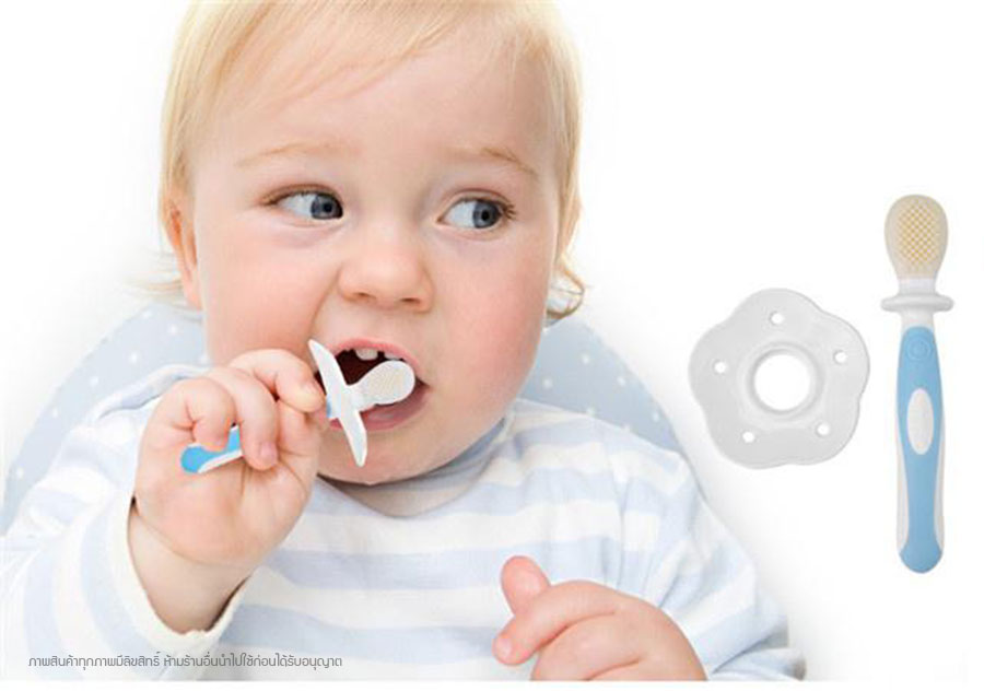 แปรงสีฟันเด็ก 6m แปรงสีฟันสองด้าน แปรงซิลิโคนสำหรับเด็กเล็กหัดแปรงฟัน (0-2 ปี) Baby Double-Sided Silicone Brush
