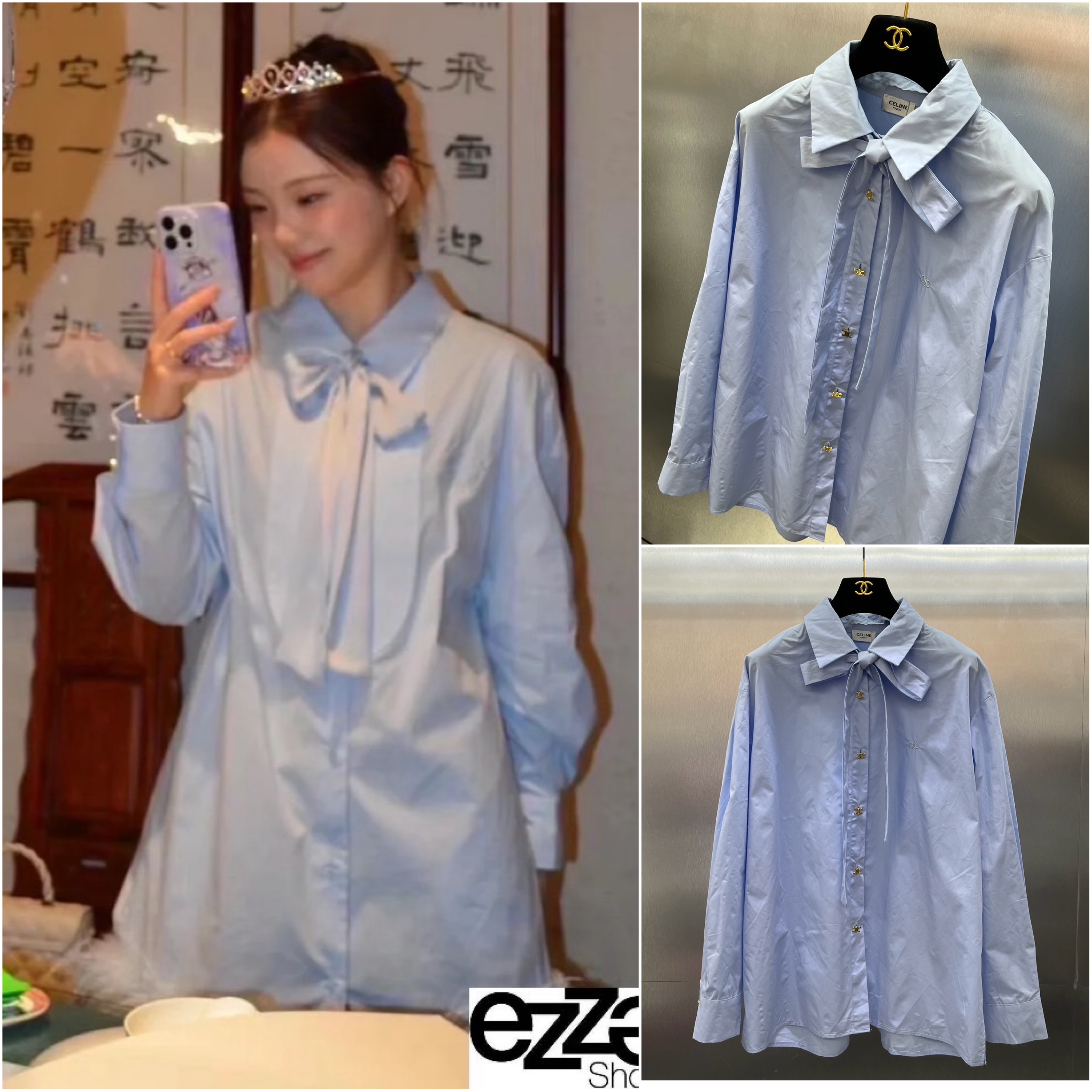 เสื้อเชิ๊ต CELINE งานสวย ผ้าดึมาก แต่งโบว์คอ กระดุมหน้าสีทอง งานสวยเกรดไฮเอ็น : สินค้าคุณภาพ (พร้อมส่ง)
