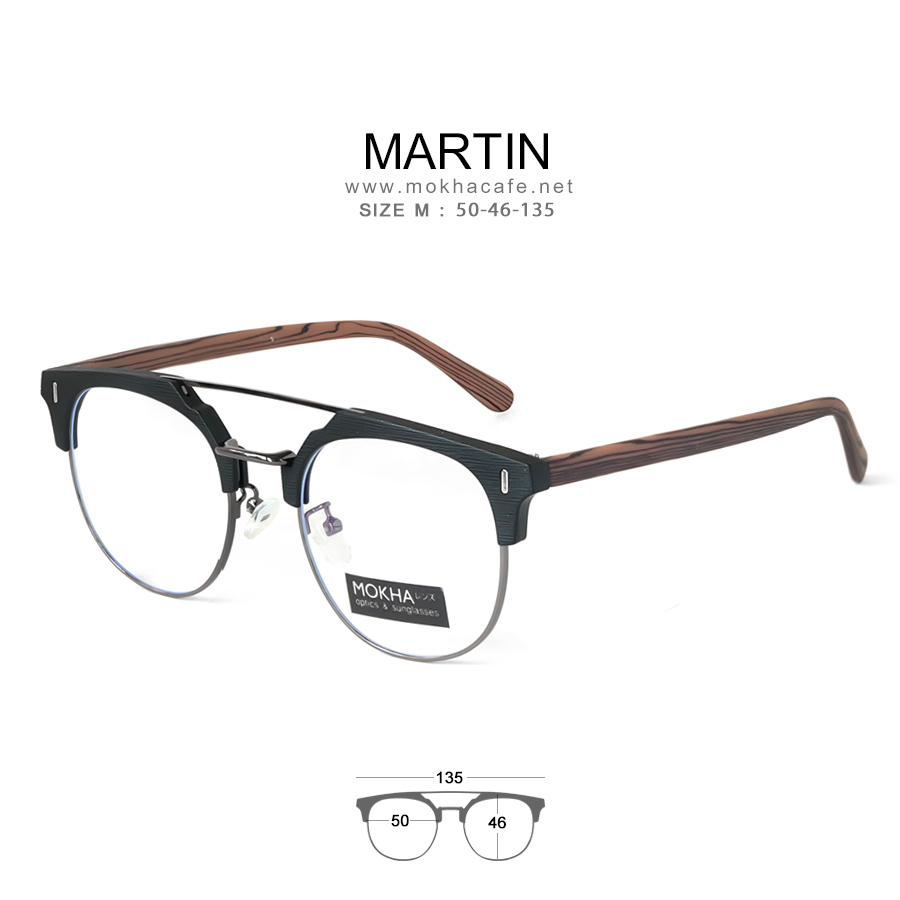 MARTIN - black wood แว่นตาวินเทจ กรอบโลหะ ขาลายไม้ ทรงหยดน้ำ double bridge กว้าง 135 มม.(sizeM) 24g