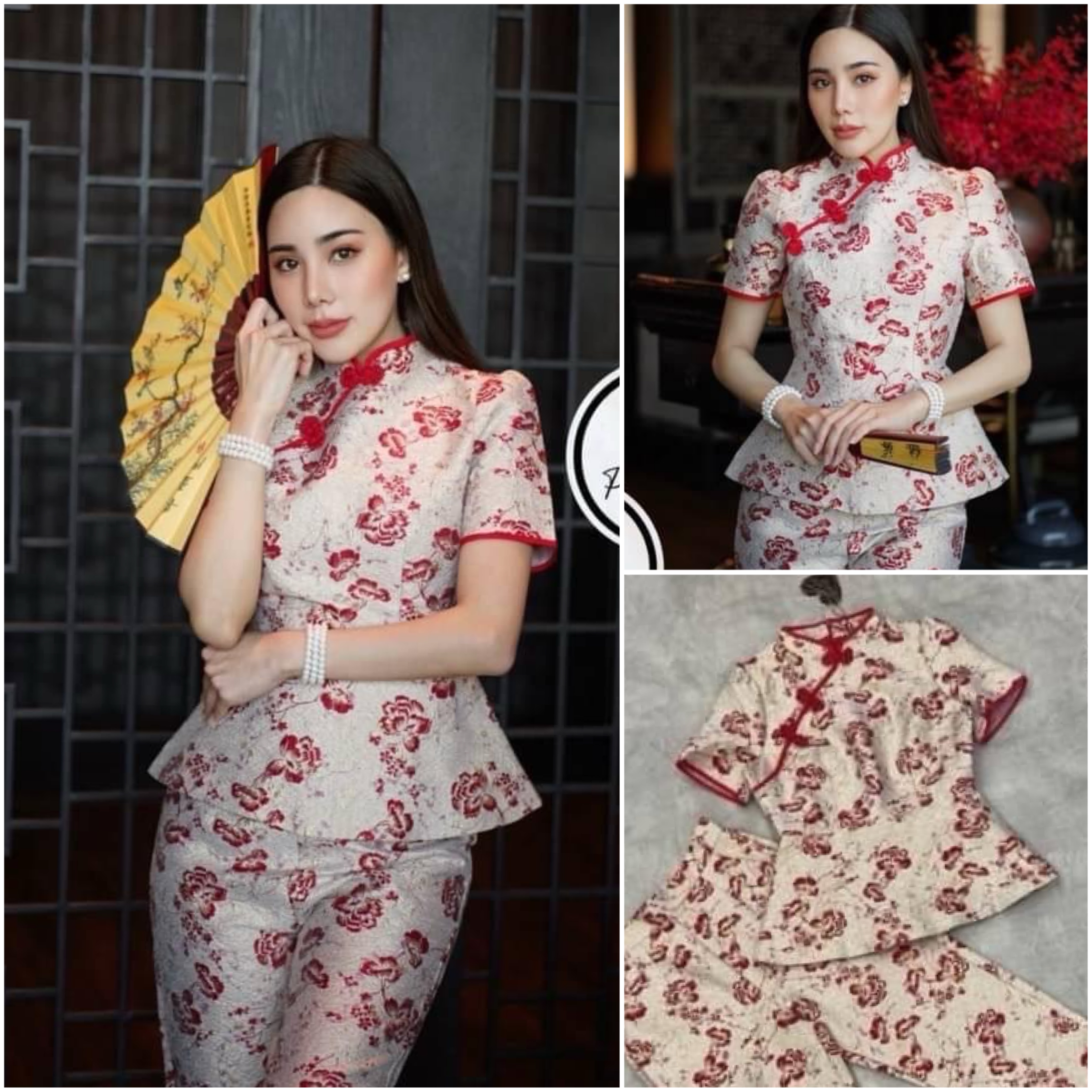 เซ็ตเสื้อคอจีนงานผ้าทอสีชมพู ทรงผ่าหน้า มาคู่กับกางเกงขายาว5ส่วน สินค้าคุณภาพ (พร้อมส่ง)