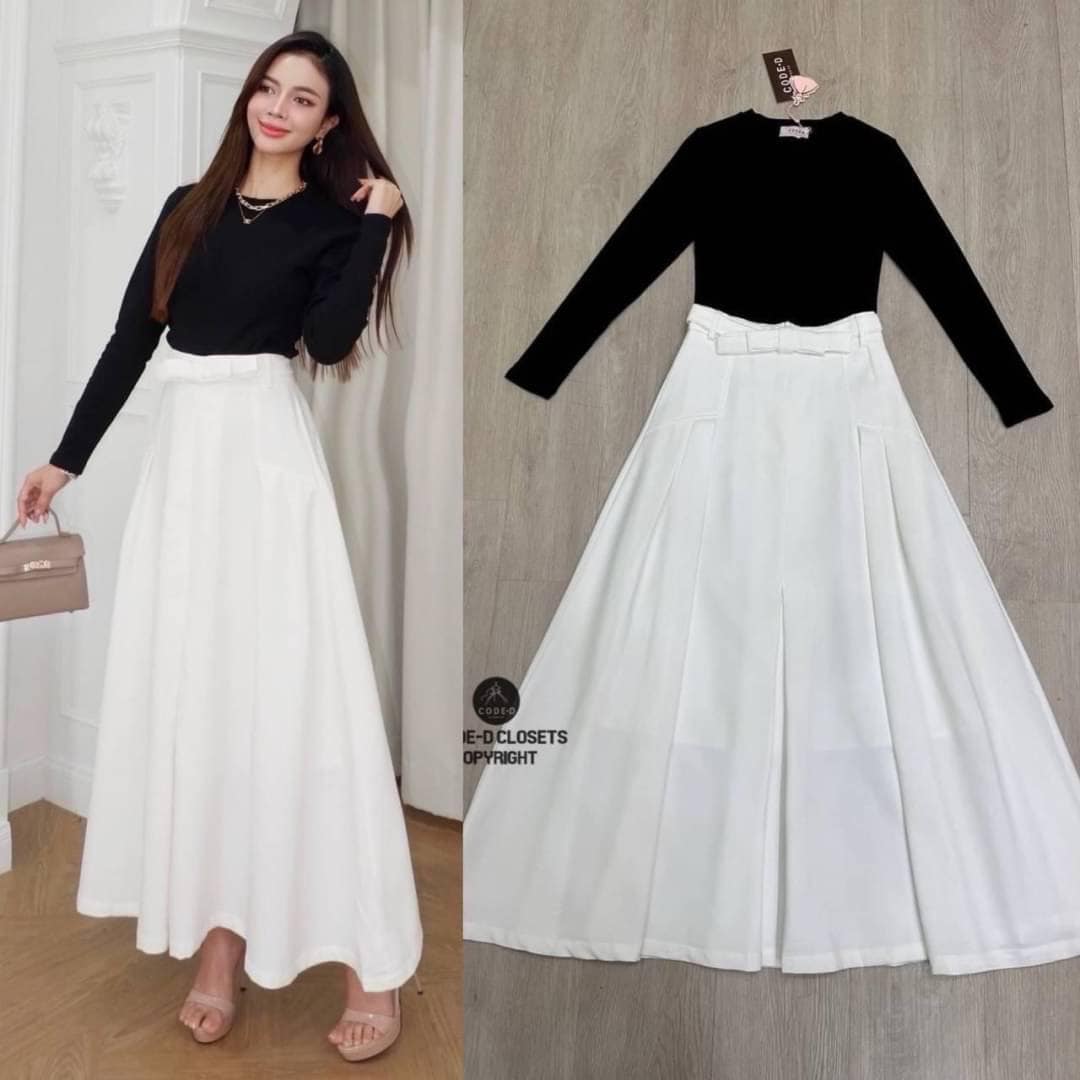 Set 2 ชิ้น เสื้อตัวยาวสีดำผ้านิ่ม คอกลมแขนยาว ตัวเสื้อเข้ารูปสวย มาพร้อมกับกระโปรงยาวสีขาว ขอบเอวด้านหน้าแต่งโบว์ใหญ่ สินค้าคุณภาพ (พร้อมส่ง)