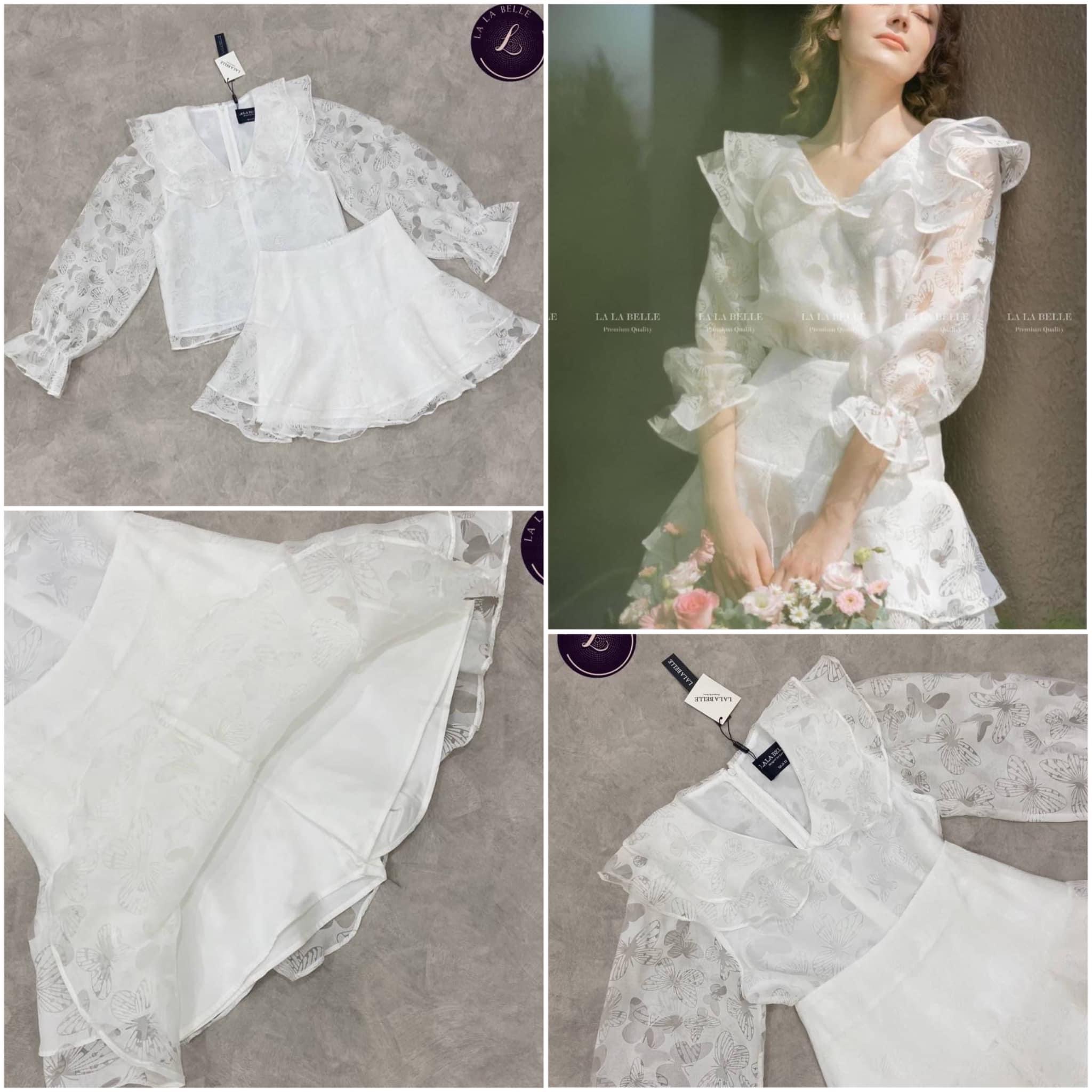 ตน้องผีเสื้อ2ชิ้นเนื้อผ้าดี มีลายผีเสื้อในตัว เสื้อคอวีปกระบาย หยัก2ชั้นแขนยาวซีทูปลายแขนจั้ม จับจีบตัวเสื้อมีซับในสีขาวซิปหลัง ใส่คู่กับกระโปรงระบาย2ชั้นมีซับ ในเป็นกางเกงขาสั้น สินค้าคุณภาพ (พร้อมส่ง)