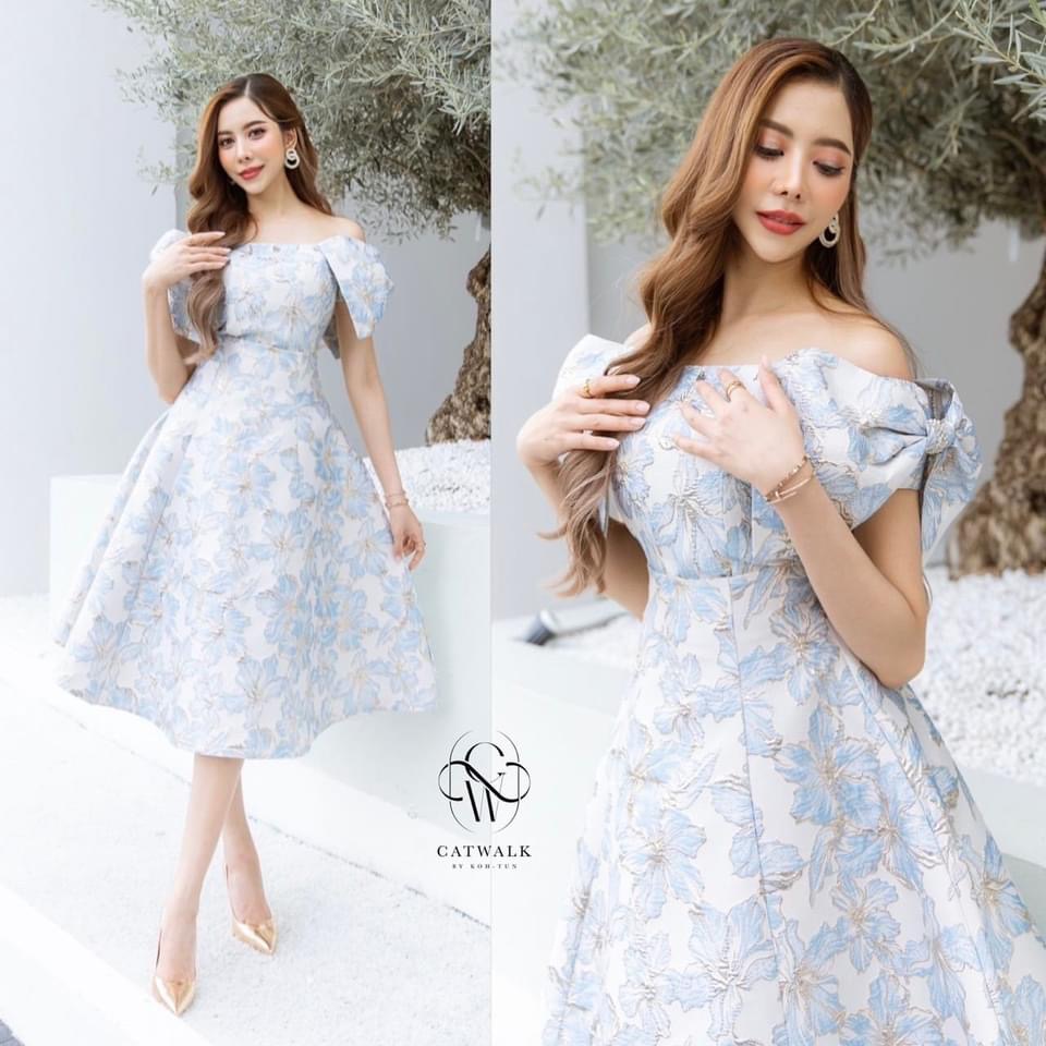 เซตผ้าทอ ลายเสื้อปาดไหล่โบว์ไหล่+กระโปรงทรงย้วย เนื้อผ้าเกรดเอ ผ้าสวยมาก ใส่สบาย สินค้าคุณภาพ (พร้อมส่ง)