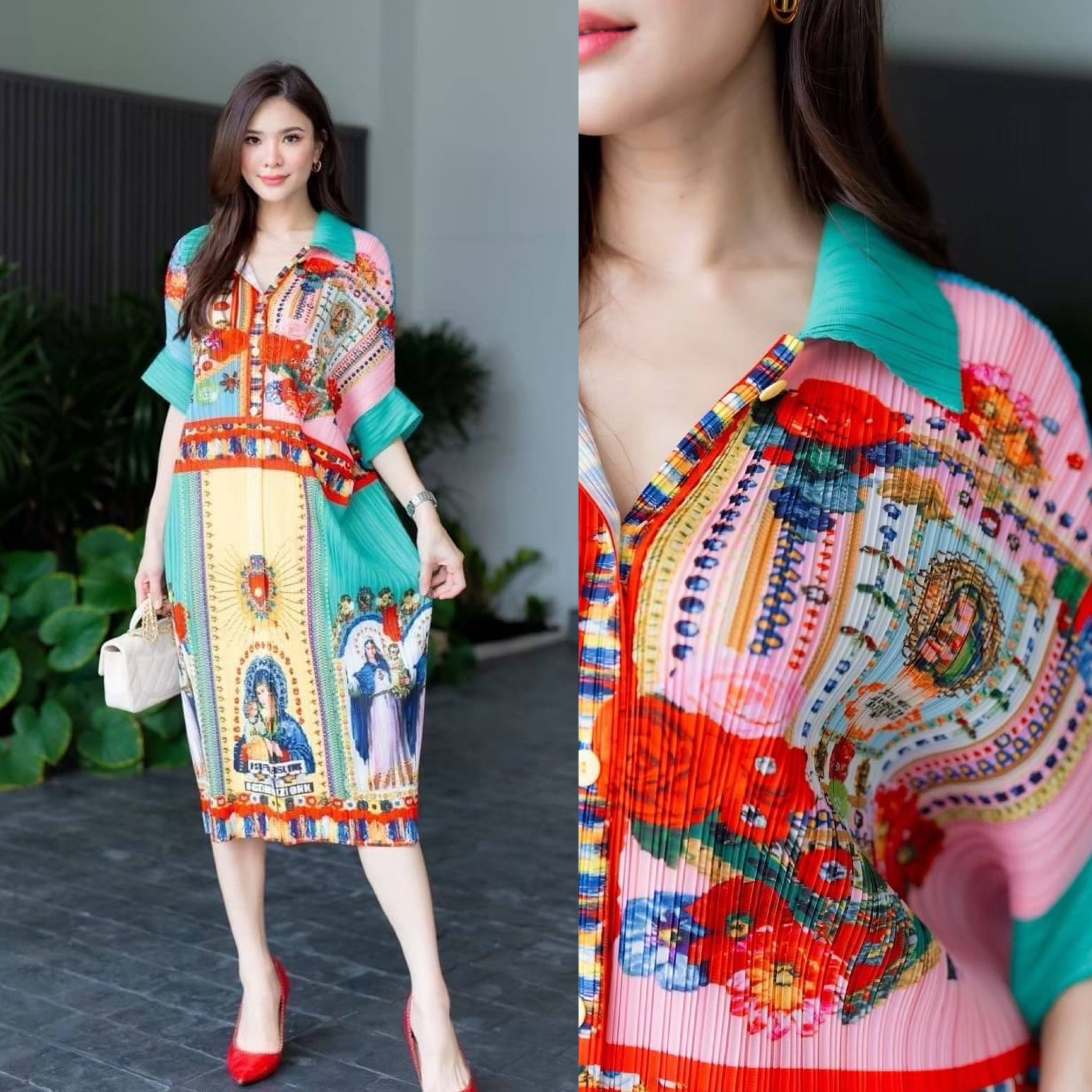 เดรสพลีทตัวยาวคอปกใหญ่ ทรงไหล่ล้ำ พับแขนเบิ้ล เกร๋กรู๊ดดด งานอัดพลีท 100% พลีท AA Premium 🎡🎢 ลายกราฟฟิค ใส่สบาย : สินค้าคุณภาพ (พร้อมส่ง)