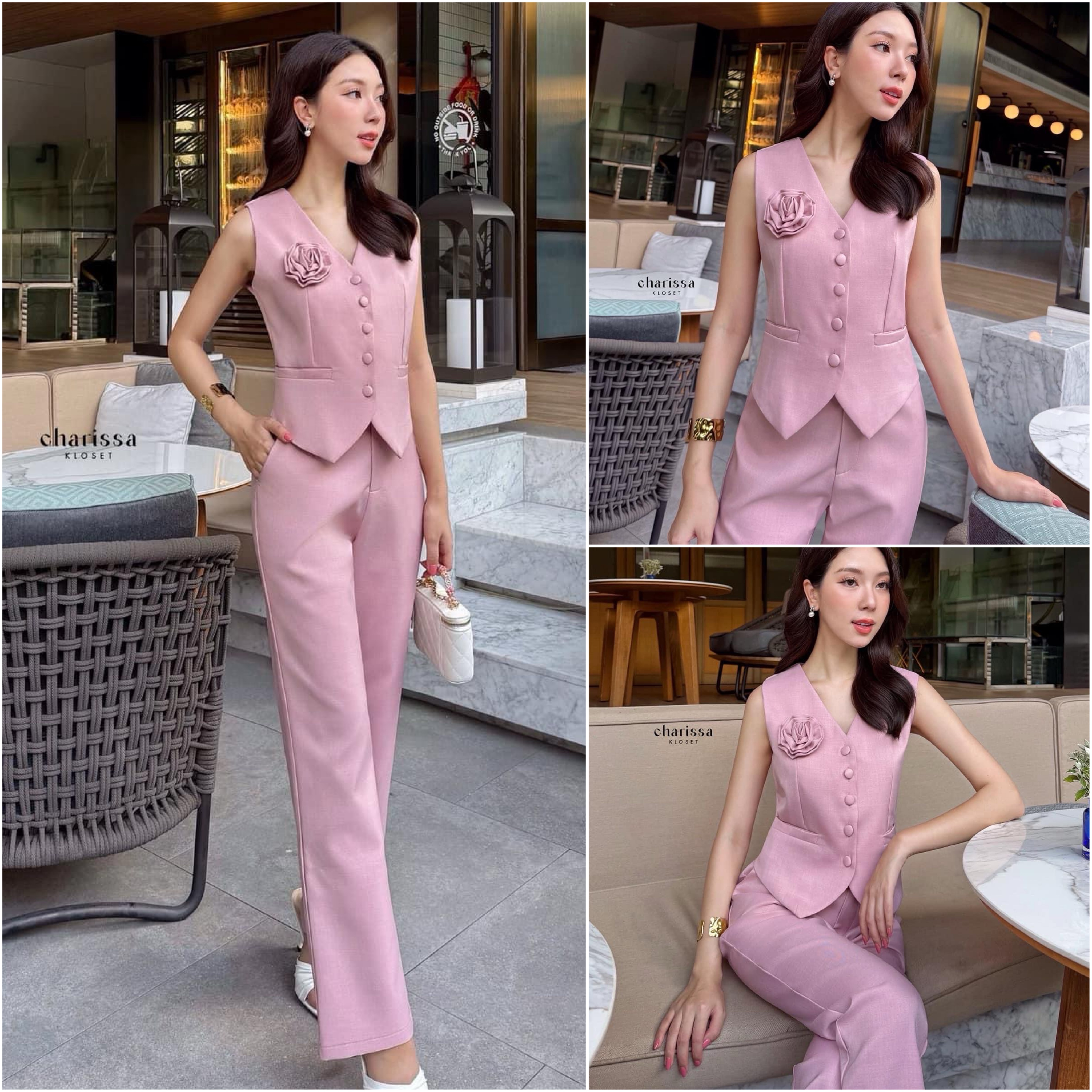 ชุดเซ็ทเสื้อ+กางเกงสวยหรู ลุคคุณหนู ผ้าเนื้อดีสุด ห้ามพลาด🔥(ฟรีเข็มกลัดดอกไม้ ถอดได้) ใส่สบาย : สินค้าคุณภาพ (พร้อมส่ง)