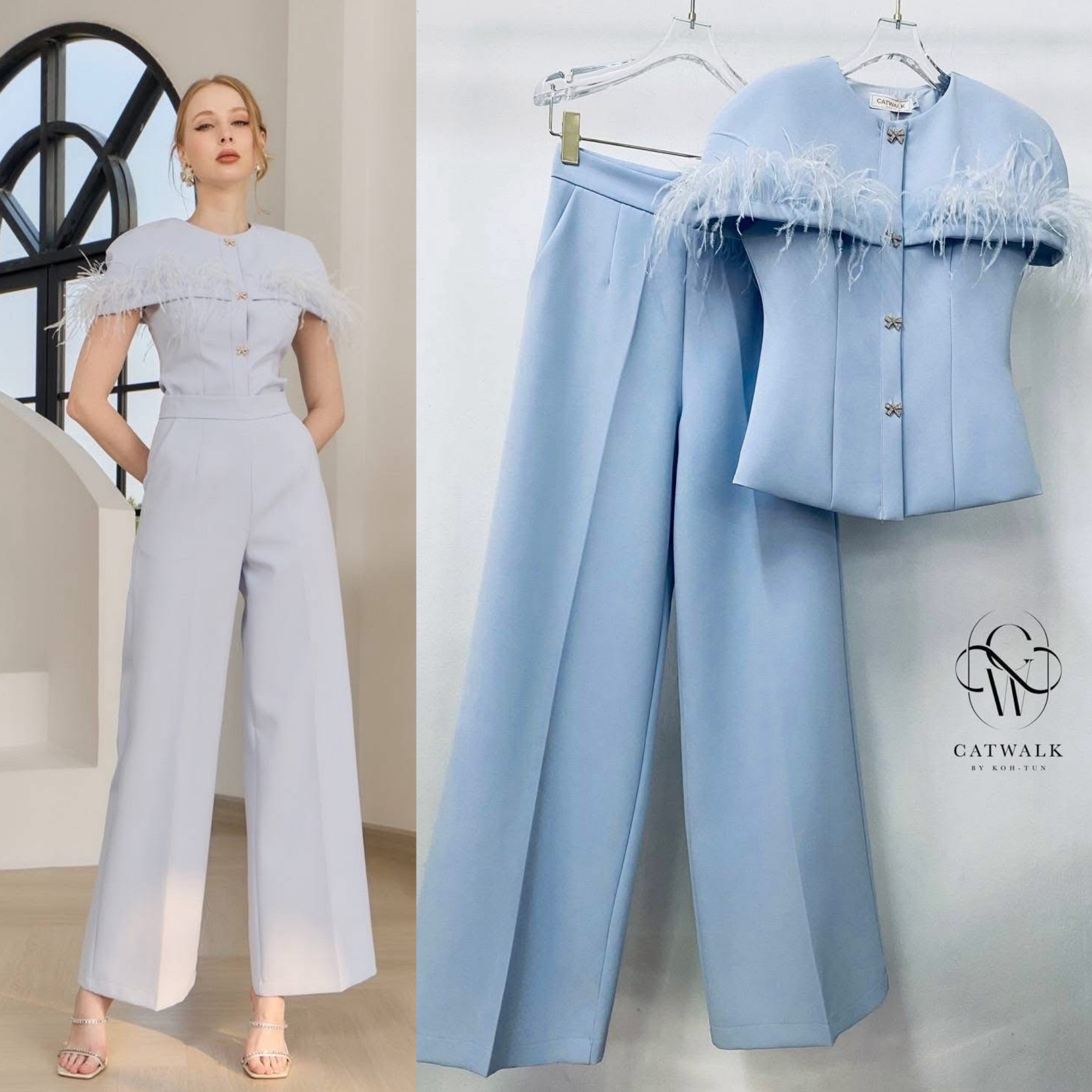Set เสื้อคลุมไหล่แต่งขอบขนนก+กางเกงขายาวทรงสวย เนื้อผ้าเกรดเอ ใส่สบาย : สินค้าคุณภาพ (พร้อมส่ง)
