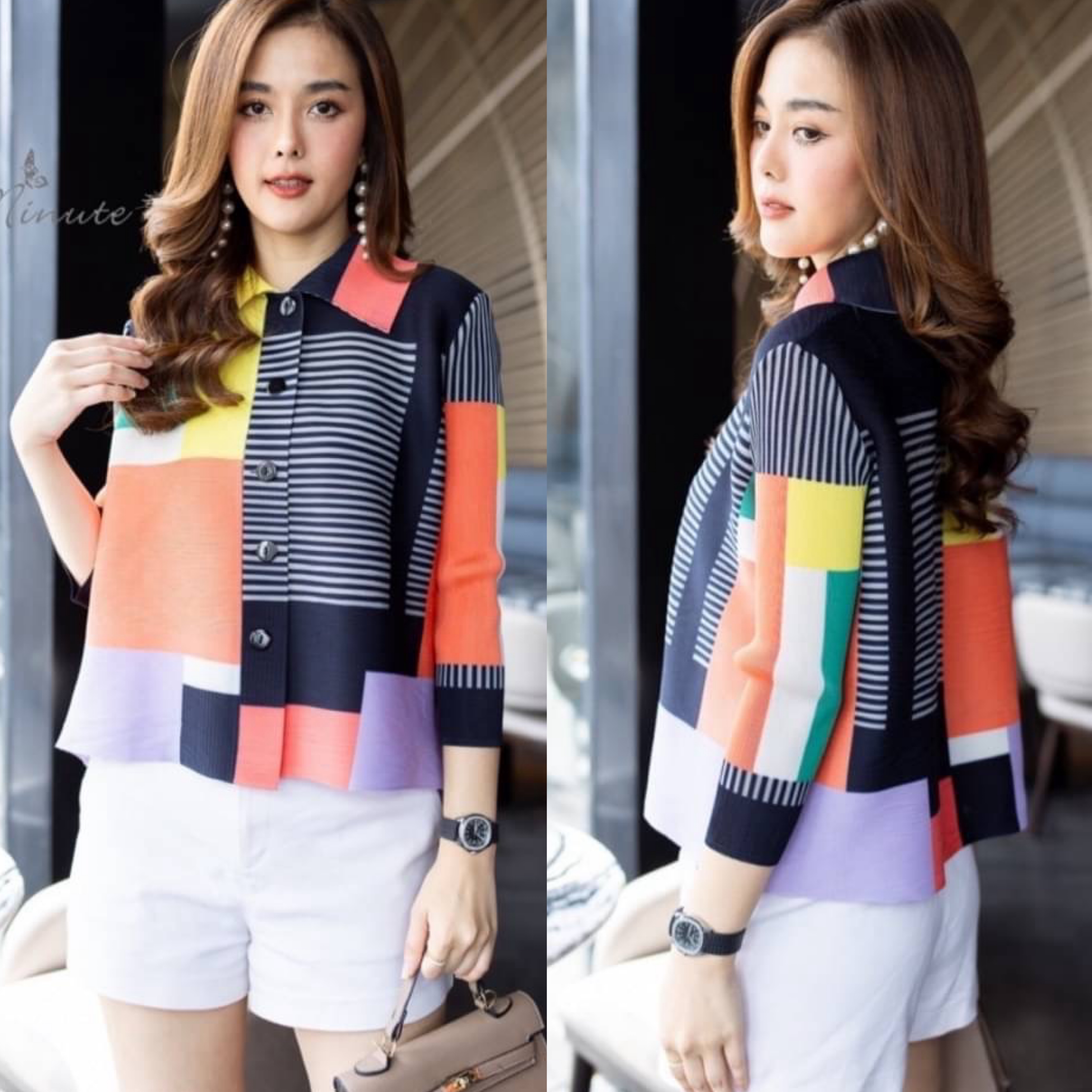 Cutie Minute เสื้อผ้าอัดพลีท Premium Pleated fabric ลวดลายกราฟฟิคผสมผสานสีสันทำออกมา ได้อย่างลงตัว ใส่สบาย : สินค้าคุณภาพ (พร้อมส่ง)