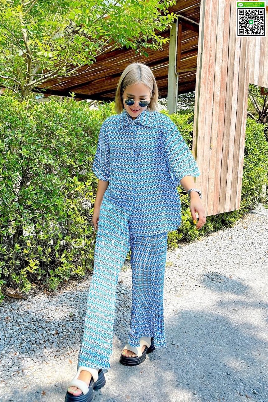 เชตเสื้อเชิ้ต+กางเกงขายาวผ้าเนื้อพริ้วมีน้ำหนัก อัดพรีท ใส่สบาย สินค้าคุณภาพ (พร้อมส่ง)