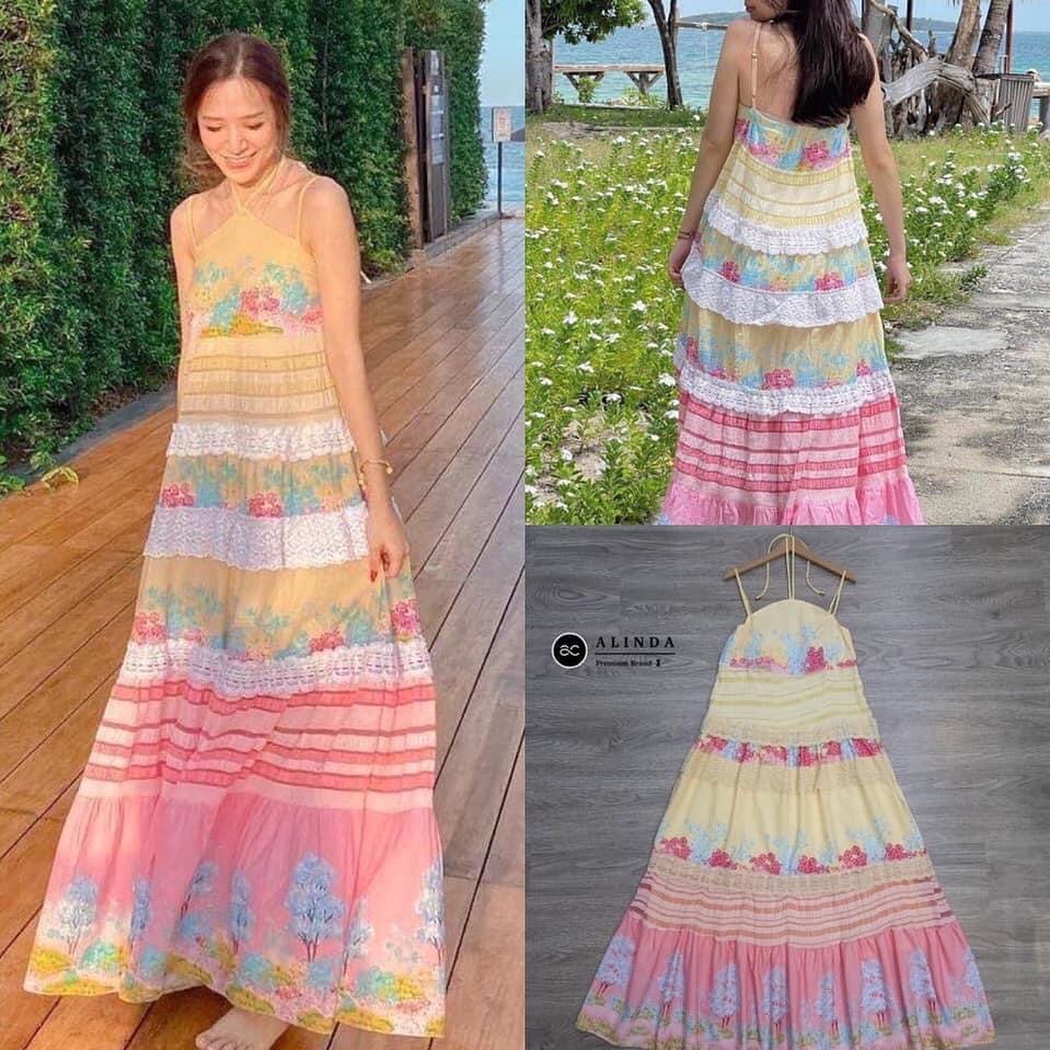 เดรสยาวลายเดี่ยว ตัดต่อผ้าลูกไม้ และผ้าย่นญี่ปุ่น พิมลายดอกไม้ โทนสีพาสเทล สินค้าคุณภาพ (พร้อมส่ง)