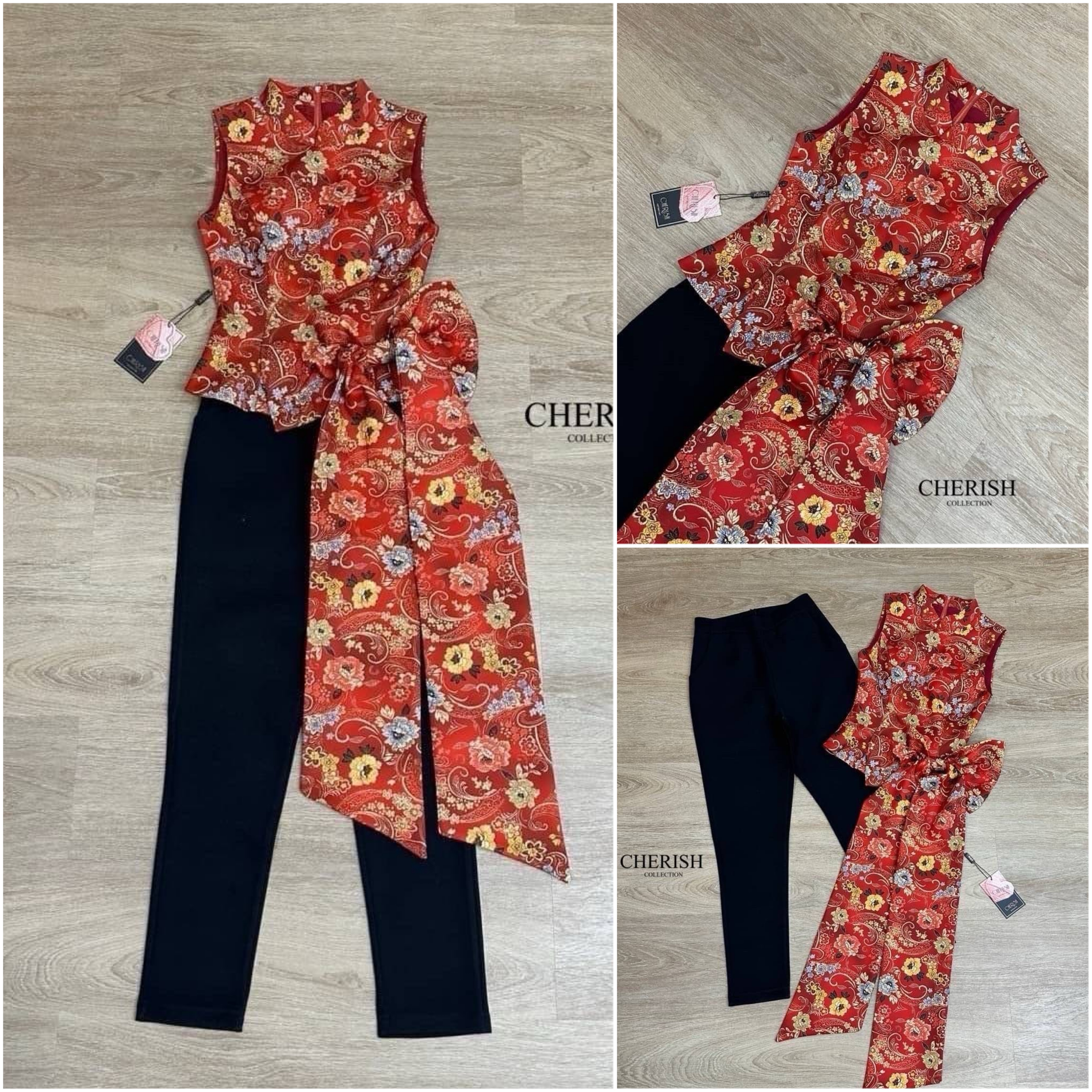 Set กี่เพ้าสไตล์โมเดรินตัวเสื้อคอจีน พิมพ์ลาย แต่งโบว์ใหญ่ทิ้งชายยาว ตัวกางเกงทรง กระบอกเล็กใส่แล้วเข้ารูปเข้าคู่กันสุดๆ ใส่สบาย : สินค้าคุณภาพ (พร้อมส่ง)