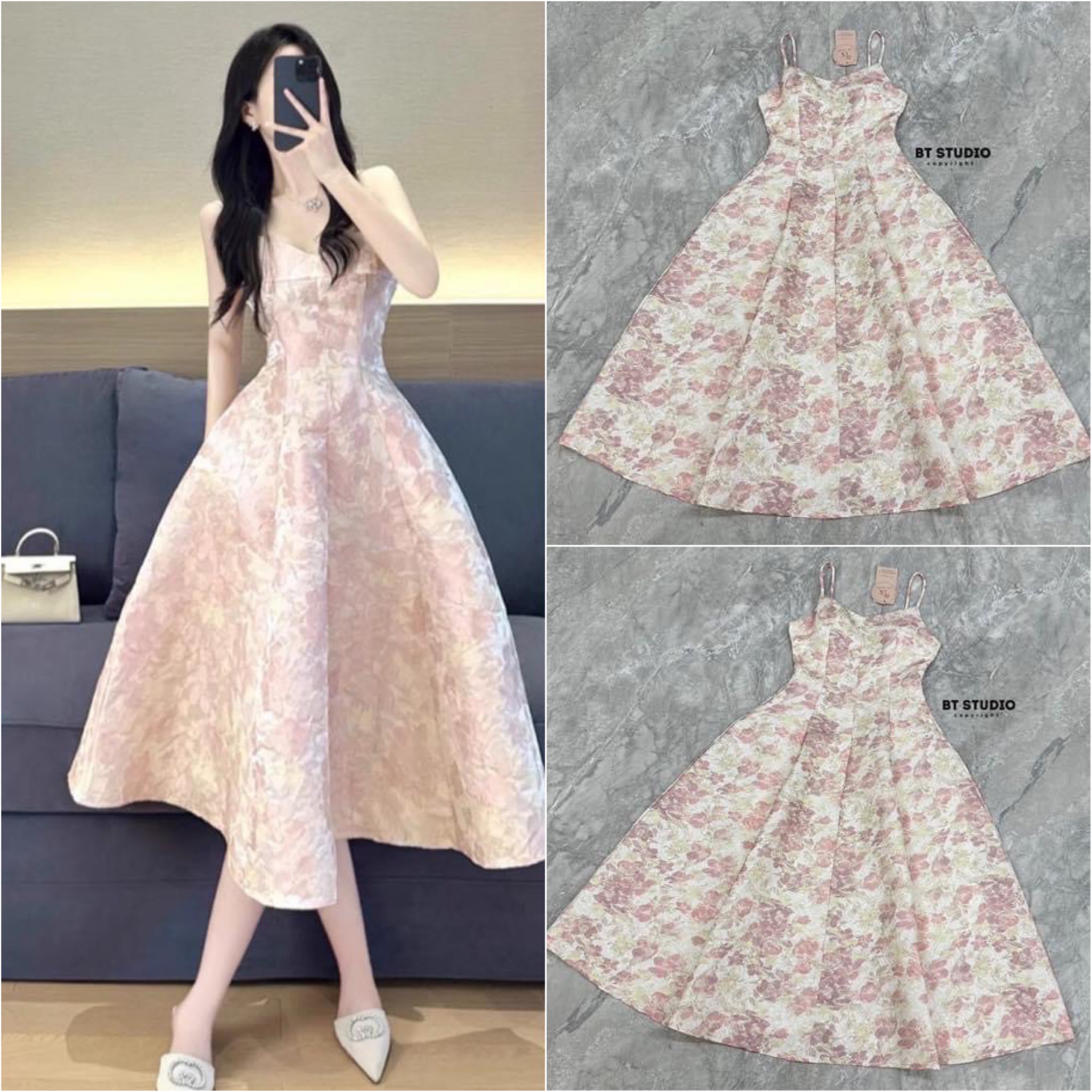เดรสยาวสายเดี่ยวงานผ้าลายในตัวงานสวยมากใช้เนื้อผ้าเยอะ ช่วงอกเสริมฟองน้ำ ซิปหลัง ใส่สบาย สินค้าคุณภาพ (พร้อมส่ง)