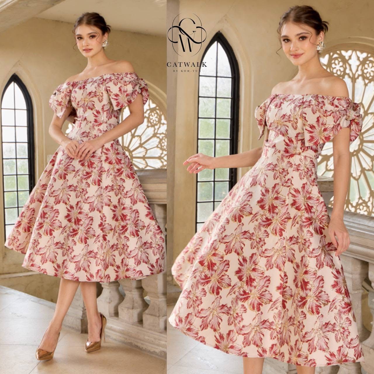 เซตผ้าทอลายเสื้อปาดไหล่โบว์ไหล่+กระโปรงทรงย้วย เนื้อผ้าเกรดเอ ผ้าสวยมาก ใส่สบาย : สินค้าคุณภาพ (พร้อมส่ง)