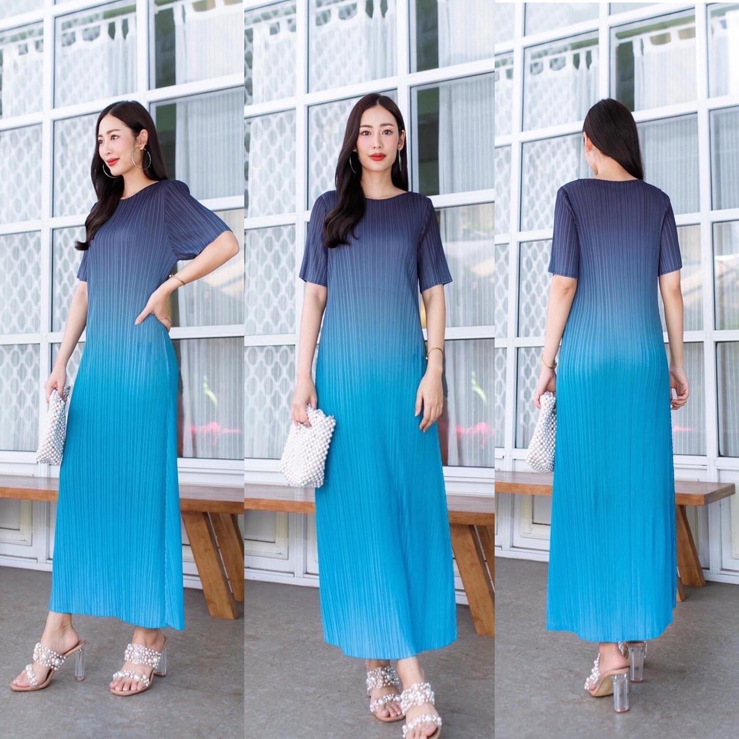 ชุดเดรส อัดพลีทแบบงานแบรนด์ ทรงคอกลม แขนสั้น แพตเทิร์นโค้งเคิร์ฟ เข้าเอว ให้ลุค สวย เรียบหรู ไฮโซววววว 👑 สินค้าคุณภาพ (พร้อมส่ง)