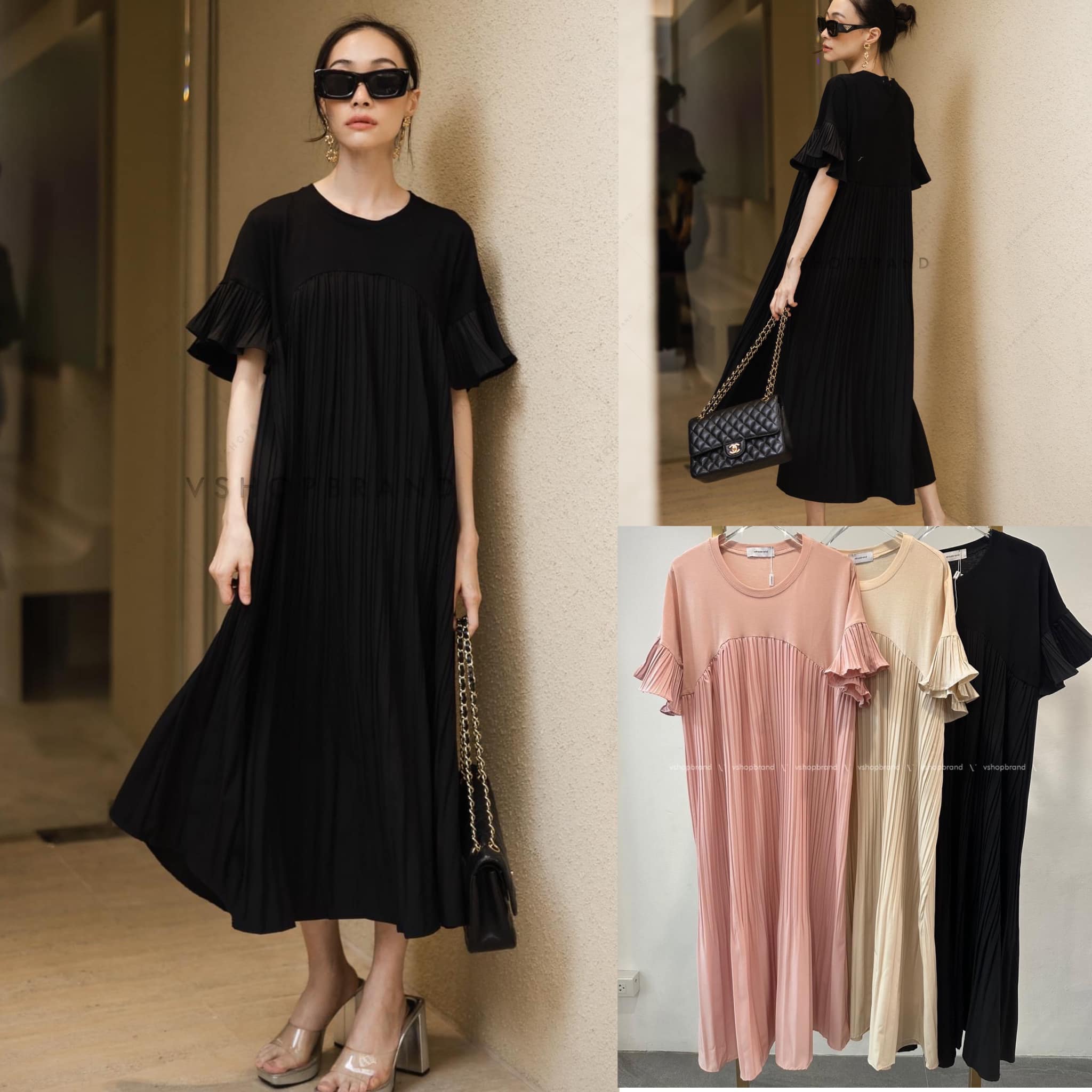 เดรสคอกลมอัดพลีท แต่งผ้ายืดช่วงไหล่ 👍🏻 สินค้าคุณภาพ (พร้อมส่ง)