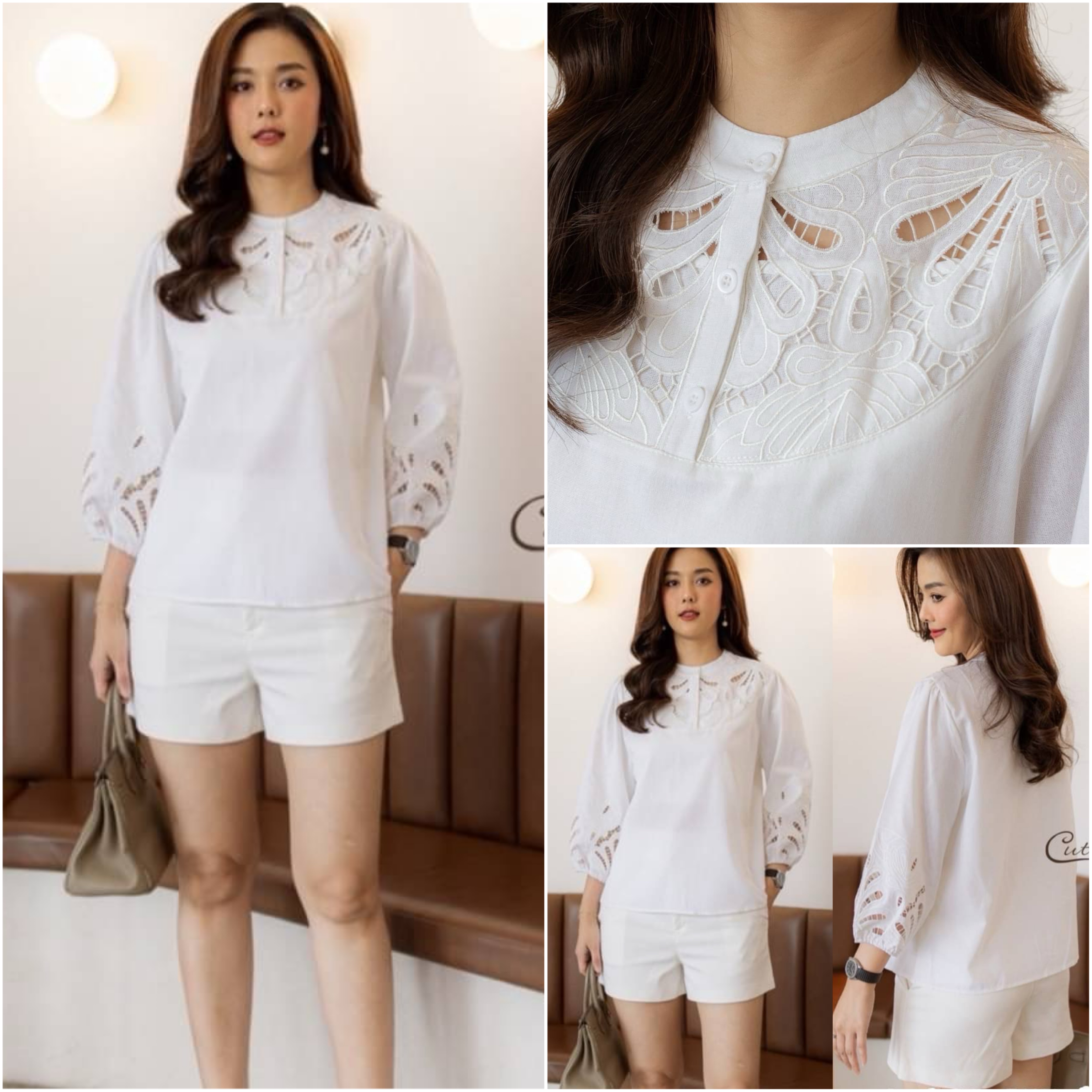 เสื้อลินิน ปักเจาะฉลุ ขอบแขนใส่ยางยืดยืด ได้เยอะค่ะ ใส่สบาย : สินค้าคุณภาพ (พร้อมส่ง)