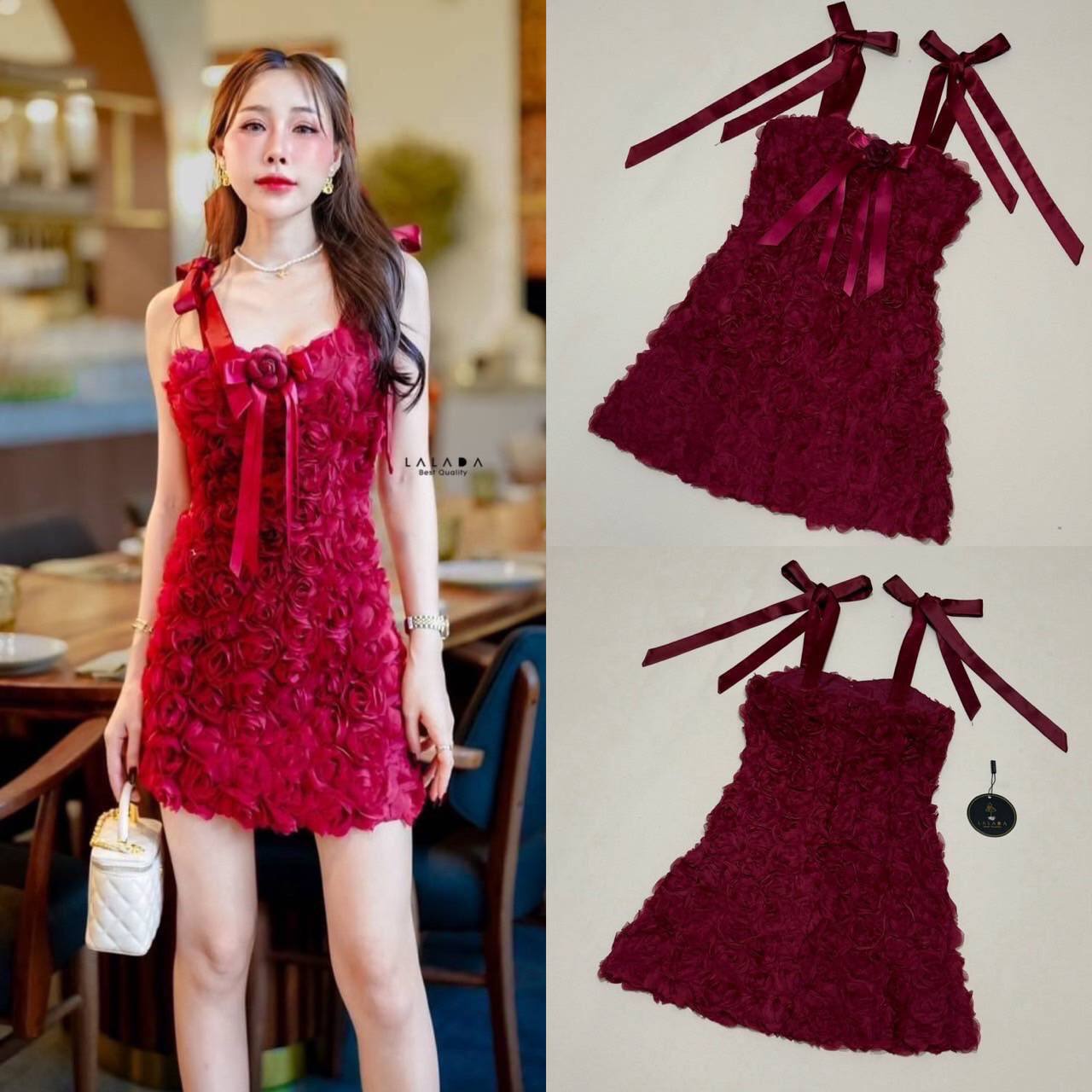 มินิเดรสสีแดงดอกไม้ 3D ไหล่ผูกโบว์ได้ตามต้องการ มีเข็มกลัดคิดที่อก ซิปหลัง สินค้าคุณภาพ (พร้อมส่ง)