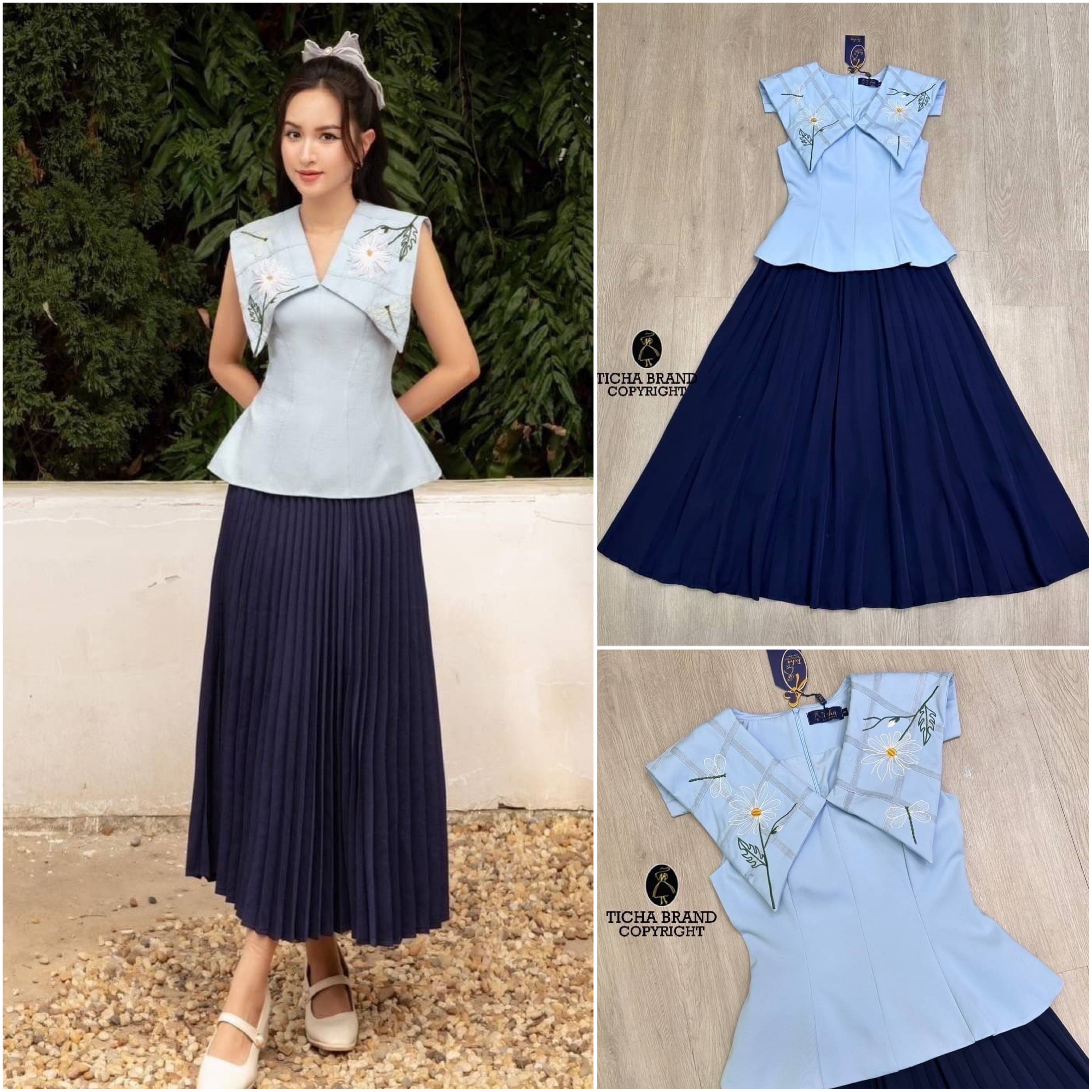 Set 2ชิ้น เสื้อแขนกุดสีฟ้าคอปก อกเย็บเสริมฟองน้ำ มีซิปหลัง ทรงเข้ารูปสวย มาคู่กับกระโปรงสีกรมอัดพรีทคุมเข่า (ซิปข้าง) ใส่สบาย สินค้าคุณภาพ (พร้อมส่ง)