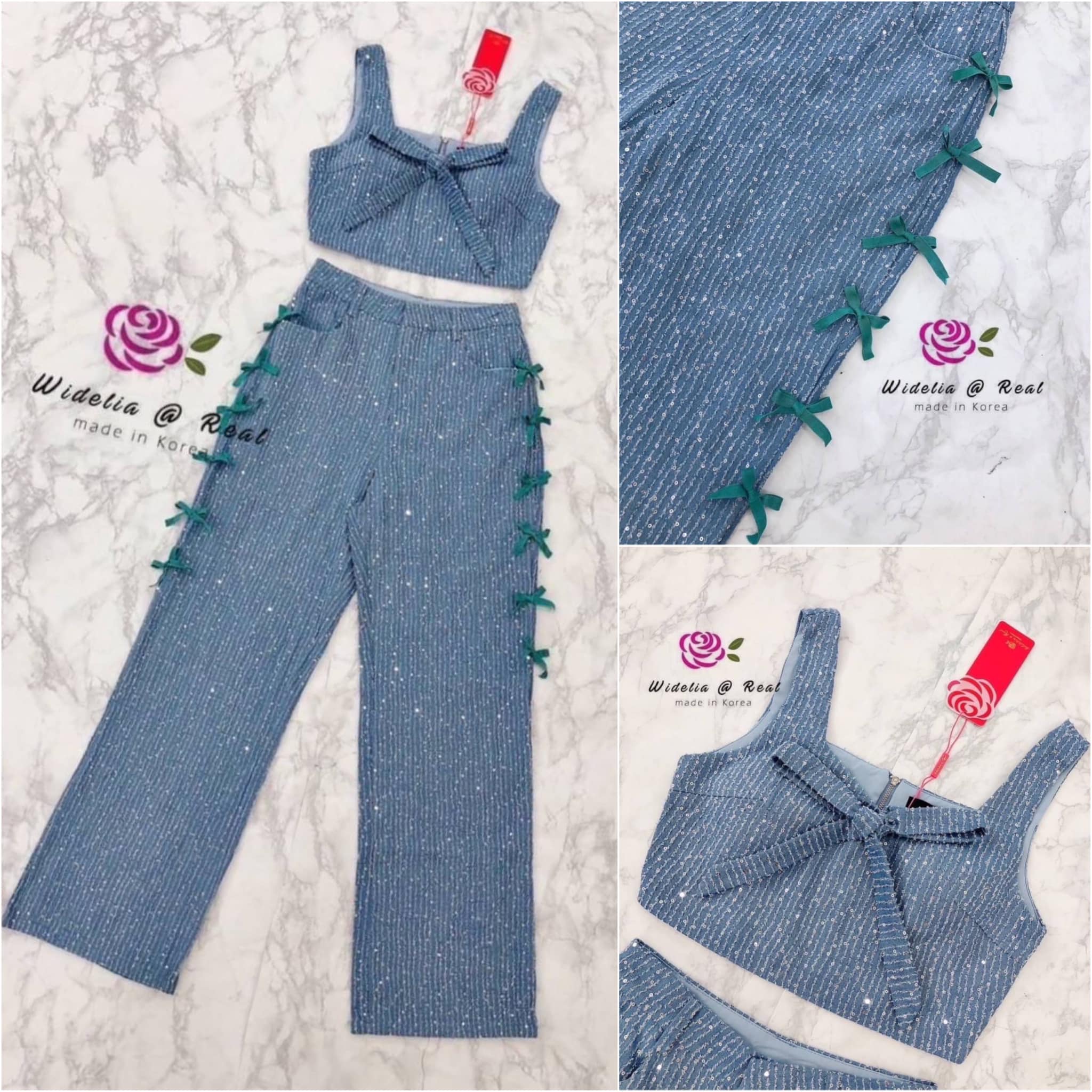 Set เซ็ทเสื้อกับกางเกงขายาว สุดปัง คุณขาเซ็ทนี้ปังไม่ไหว งานจริงสวย มากพูดเลย เนื้อผ้ายีนส์แท้ ปักเลื่อมอย่างดี สินค้าคุณภาพ (พร้อมส่ง)