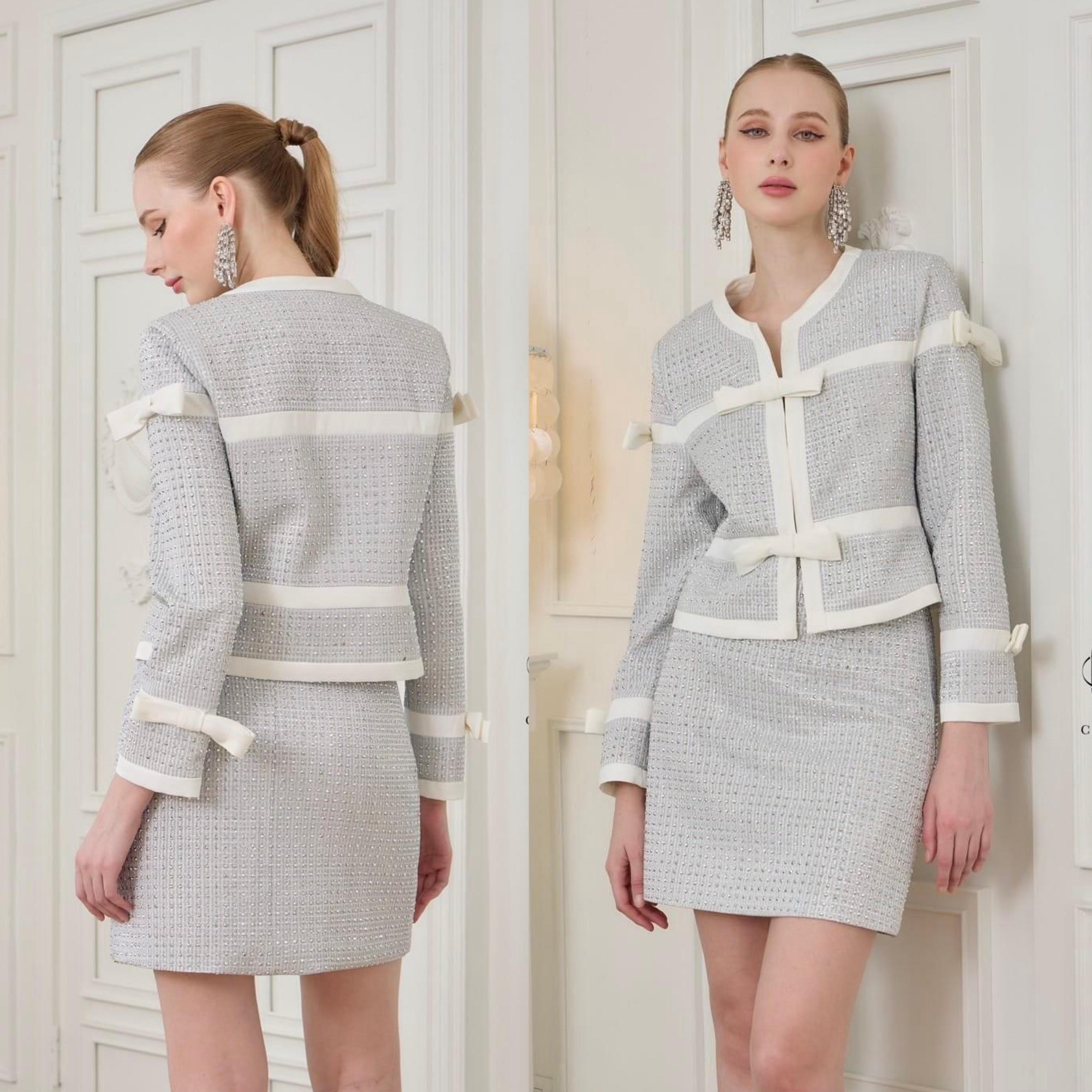 เซตเสื้อคลุม+กระโปรงแต่งเพ็ชร เนื้อผ้า เกรดเอ แต่งด้วยเพ็ชรรีดทั้งชุด ใส่สบาย : สินค้าคุณภาพ (พร้อมส่ง)