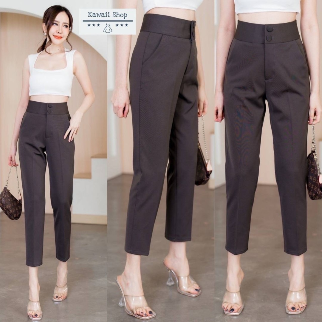 กางเกงขายาว8ส่วน ติดกระดุมปั๊ม2เม็ด ซิปหน้า มีกระเป๋าข้าง ผ้าโรเชฟ ยืดหยุ่น ใส่สบาย : สินค้าคุณภาพ (พร้อมส่ง)