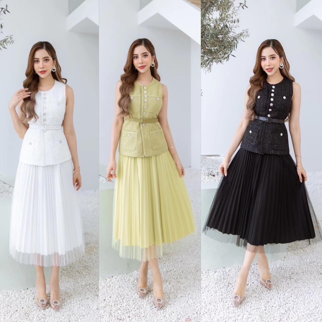 เซตเสื้อผ้า ทวิตกระดุมเพชร+กระโปรงผ้าตาข่ายอัดพลีท เนื้อผ้าทวิตเกรดเอ ใส่สบาย สินค้าคุณภาพ (พร้อมส่ง)