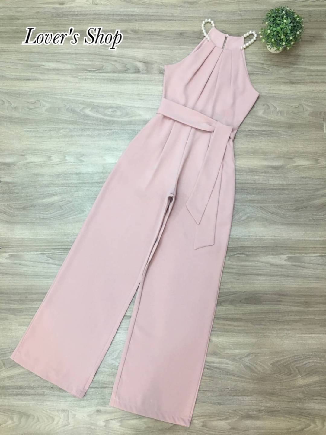 จั้มสูทกางเกงขายาว สายมุข ช่วงคอจับจีบ ทรงขากระบอกกลาง มาพร้อมเชือกผูกเอวเข้ารูป สินค้าคุณภาพ (พร้อมส่ง)