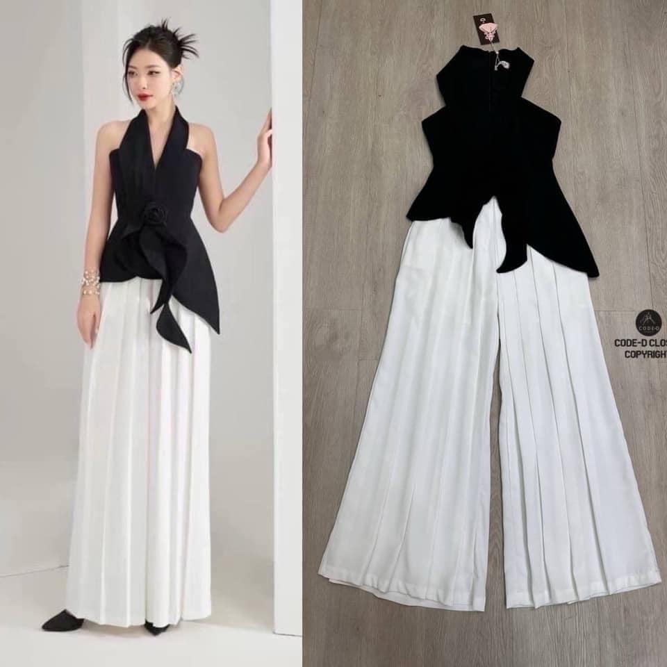 Set 2 ชิ้น เสื้อแขนกุดดีไซน์แต่คอปกเล็กไหญ่ดีไซน์เก๋ ชายเสื้อแต่ระบายเฉียงข้าง +กางเกงขายาวสีขาวจับจีบเป๊ะทิ้งตัวสวย ใส่สบาย สินค้าคุณภาพ (พร้อมส่ง)
