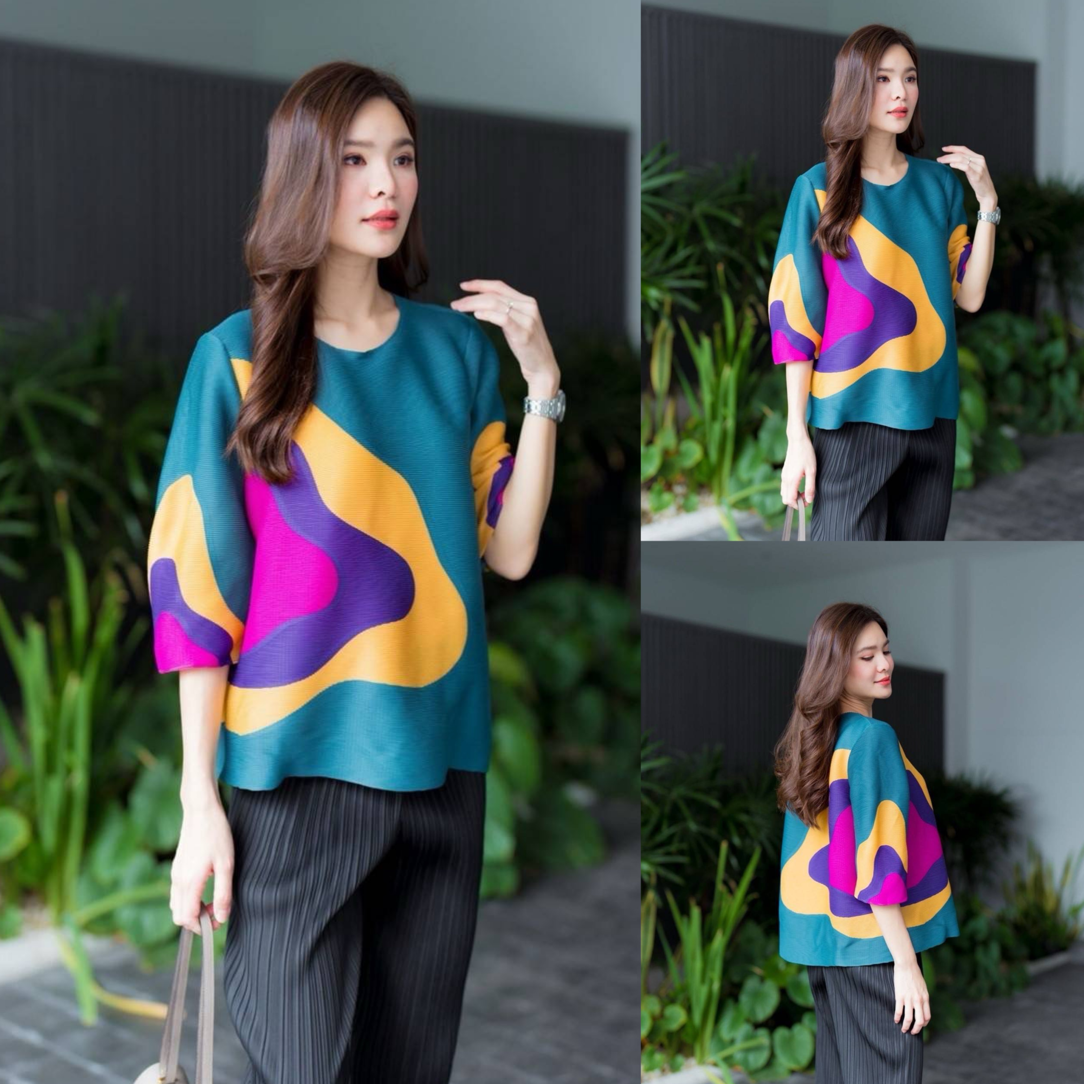 เสื้ออัดพลีทอย่างดี แบบงานแบรนด์ ดีไซด์คอกลม แขนพองๆ นิดๆ ลายหินอ่อน โค้งเคิร์ฟ ในตัว ใส่สบาย : สินค้าคุณภาพ (พร้อมส่ง)