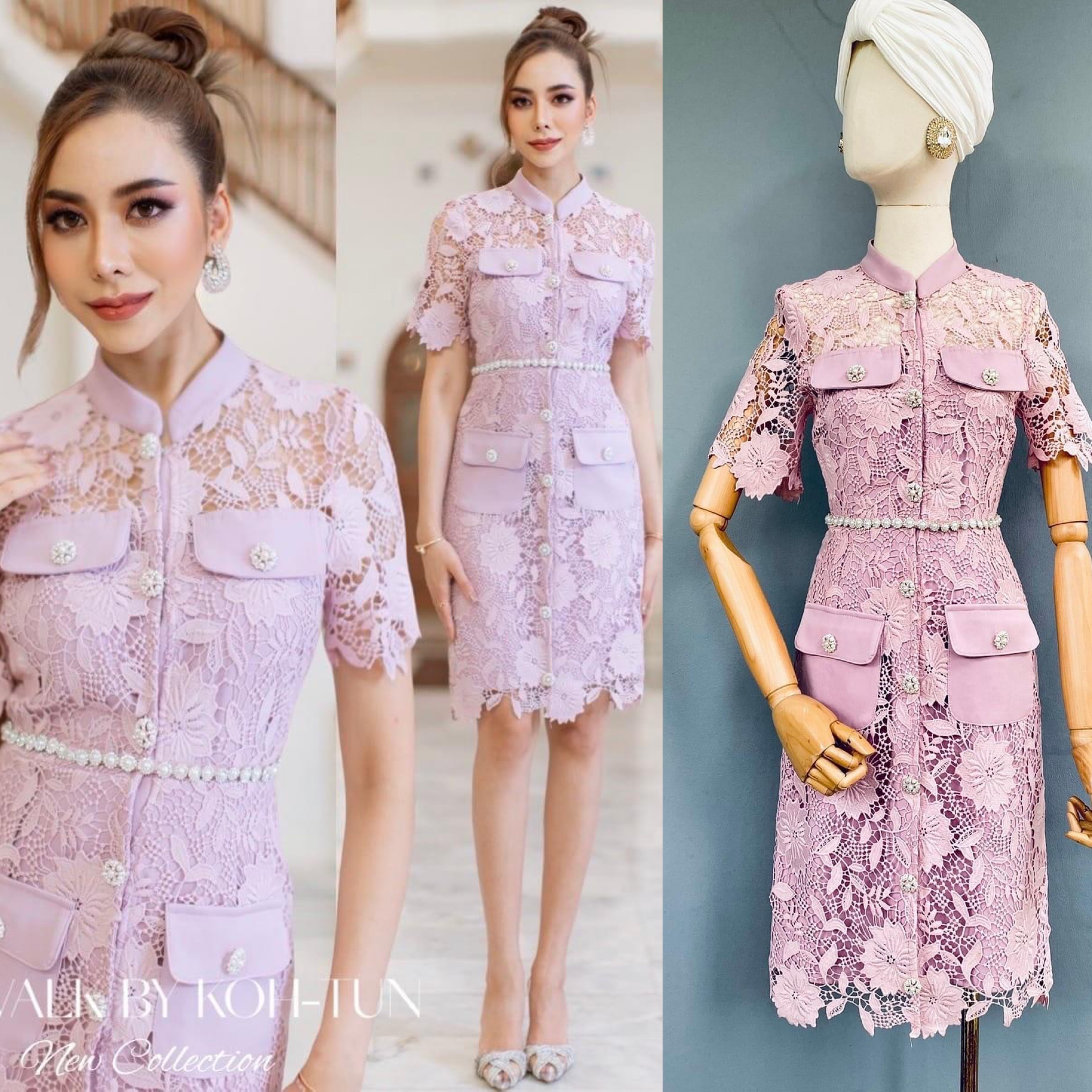 เดรสผ้าลูกไม้คอปีนแต่งกระดุมมุก เนื้อผ้าลูกไม้เกรดเอ เนื้อหนานุ่ม ตัวเดรสเป็นทรงเข้ารูปสวย แขนสั้น ด้านในมีซับในสีโทนตัวชุดทั้งตัว มาคู่กับสายคาดเอวแต่งด้วยมุกล้อมเพชร สินค้าคุณภาพ (พร้อมส่ง)