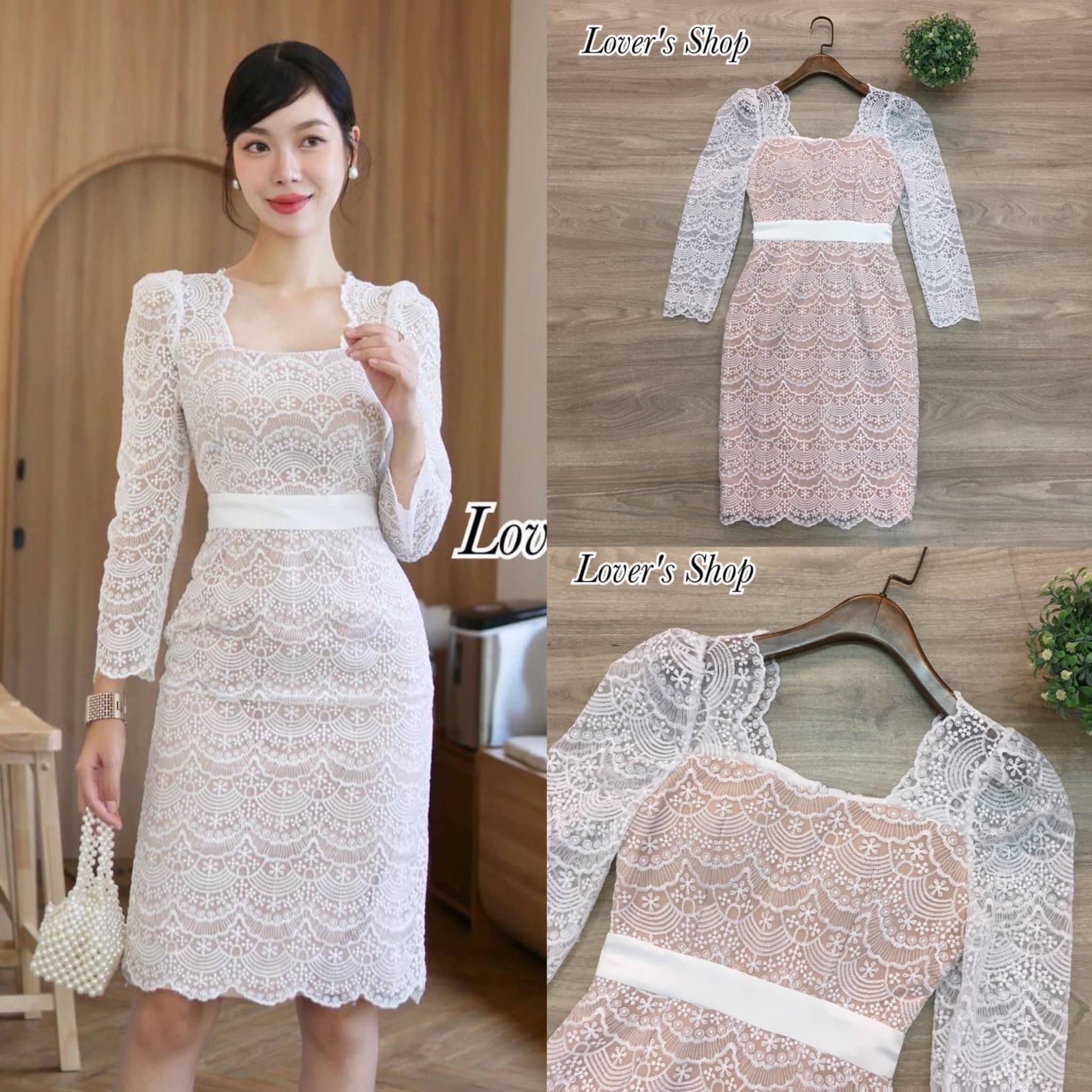 เดรสลูกไม้แขนยาว ทรงสอบเข้ารูป ลุคเรียบหรูดูผู้ดี ผ้าลูกไม้ทออย่างดี ใส่สบาย . สินค้าคุณภาพ (พร้อมส่ง)