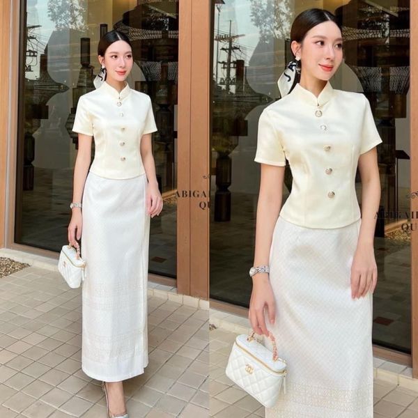 Set เสื้อมีซับใน มาพร้อมผ้าถุงสำเร็จลายไทยจับจีบด้านหน้า ผ้าใส่สบายไม่ร้อนงานอัดกาวทั้งเซต ใส่สบาย : สินค้าคุณภาพ (พร้อมส่ง)