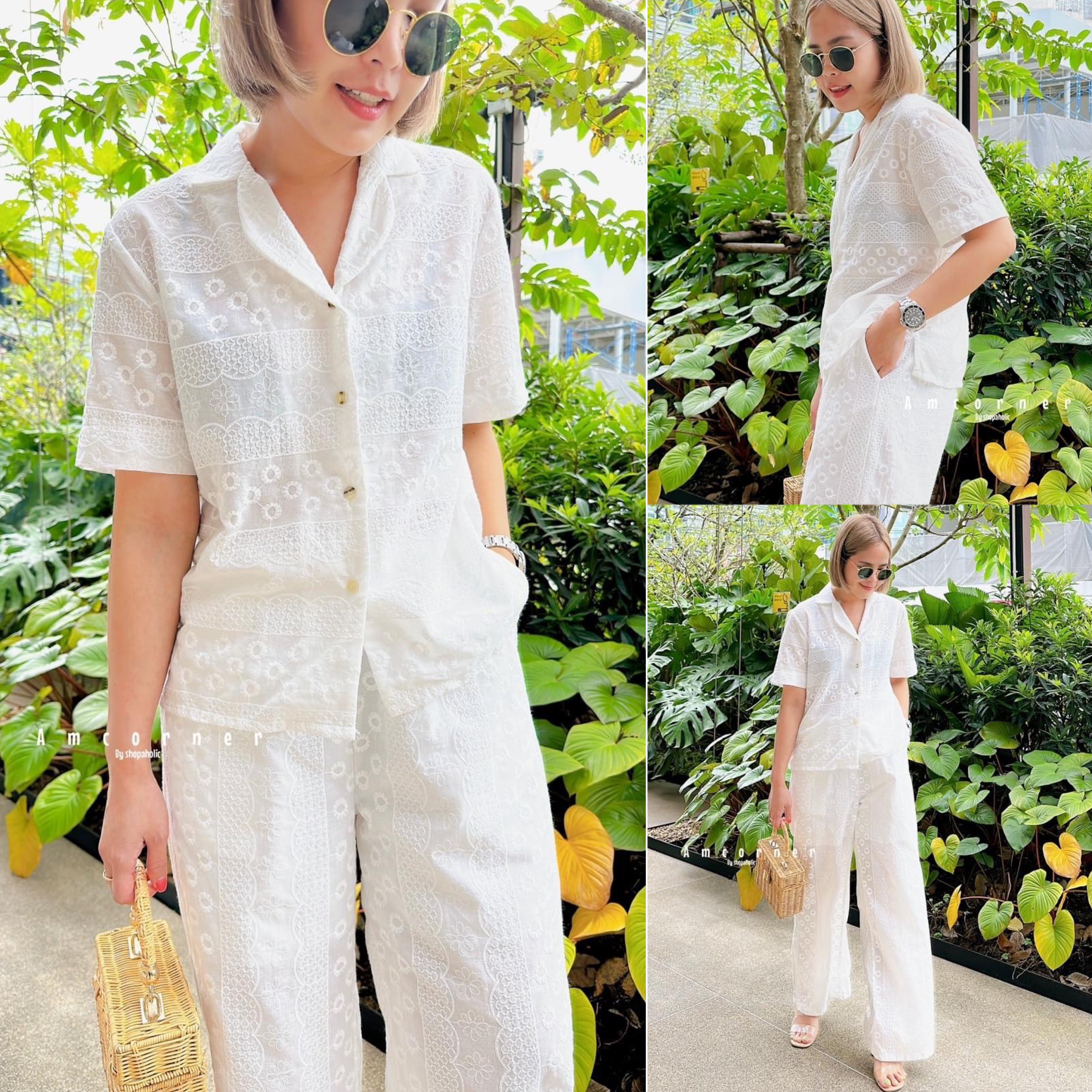 Lace set เสื้อ+กางเกงขายาว ผ้าcottonลูกไม้ ลายฉลุ เนื้อนิ่ม ผ้าใส่สบาย สินค้าคุณภาพ (พร้อมส่ง)