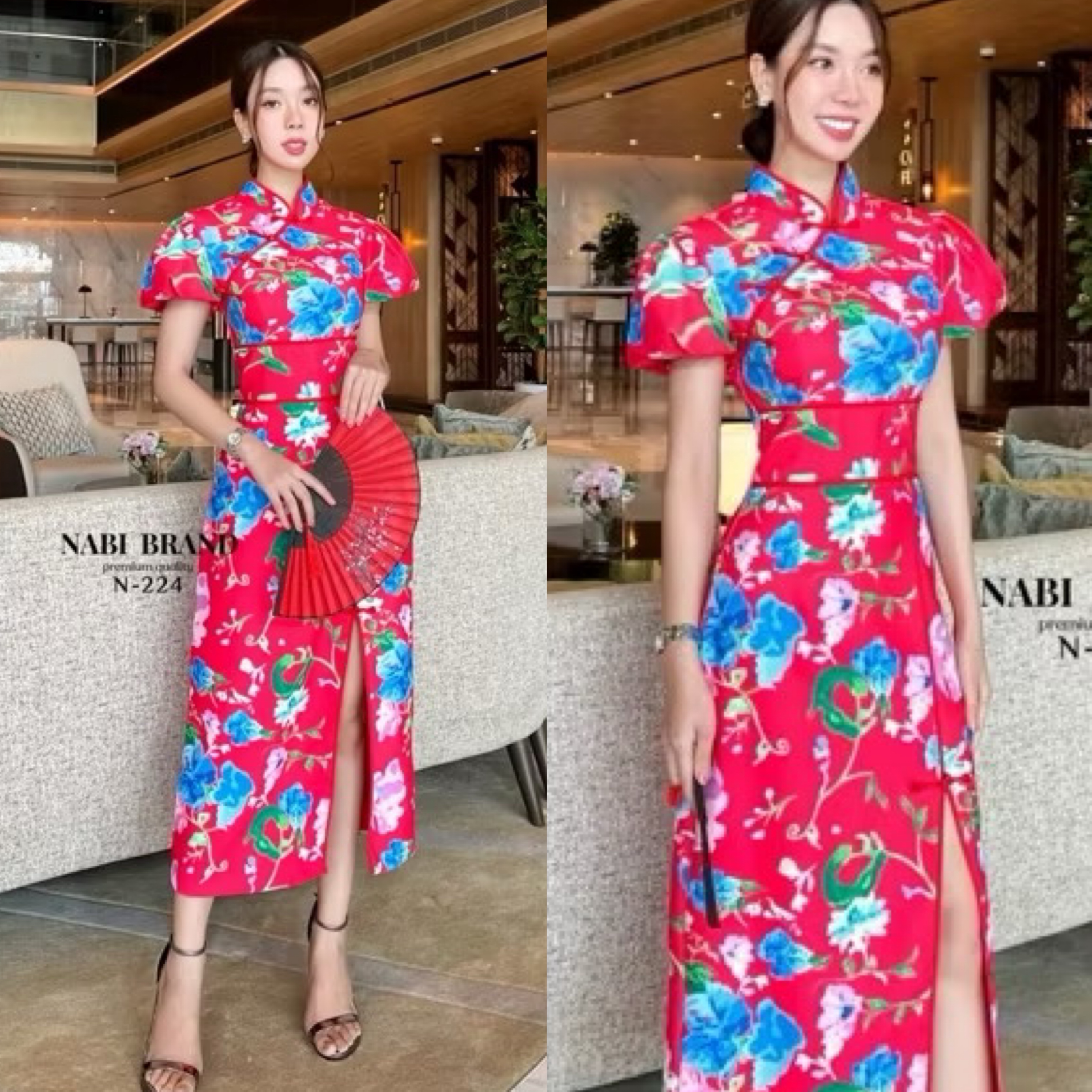 เดรสกี่เพ้าแขนตุ้กตาพองๆ สีแดงสด พิมพ์ลายดอก มีกุ้นขอบจีนสีแดง และแป้นสีแดง เดรสผ่าหน้า ทรงเรียบหรูดู แพง งานซิบหลัง ใส่สบาย : สินค้าคุณภาพ (พร้อมส่ง)