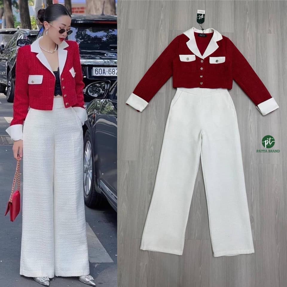 Set 2 ชิ้น เสื้อตัวสั้นสีแดงคอปกสีขาวแขนยาวแต่งชายแขนปกสีขาว มีกระดุมด้านหน้าใช้งานได้จริง แต่งกระเป๋าปกสีขาวที่อกทั้งสองข้างใช้งานได้จริง มาพร้อมกับกางเกงเอวสูงขายาวสีขาว กางเกงทรงกระบอกใหญ่ ใส่สบาย : สินค้าคุณภาพ (พร้อมส่ง)