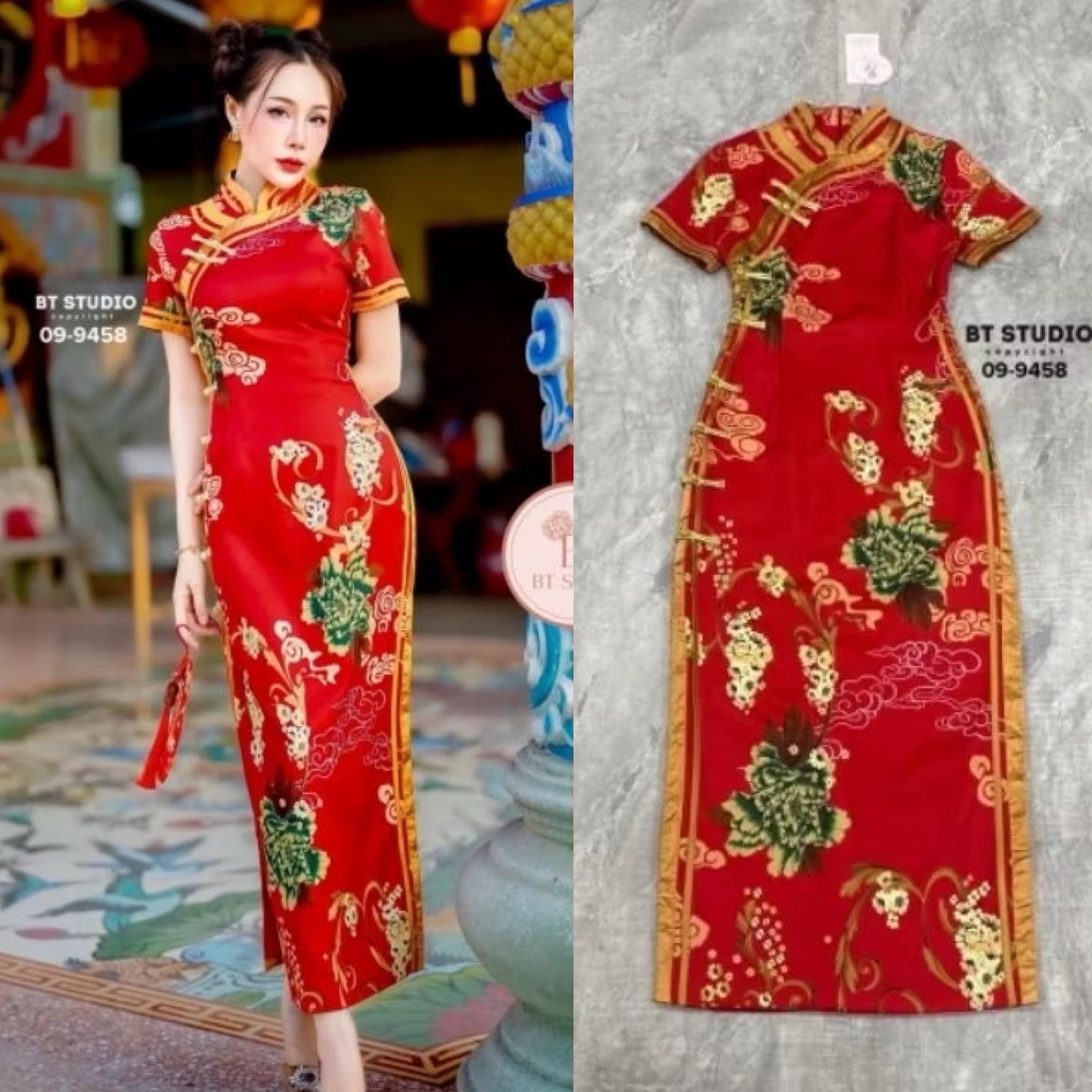 เดรสกี่เพ้าคอจีนแต่งกระดุมและกุ้นแทบจีน ตัดลายผ้าลายดอกไม้ งานสวย หรู ดูแพง คัตติ๊งสวยมาก ๆ ค่ะ ใส่สบาย : สินค้าคุณภาพ (พร้อมส่ง)