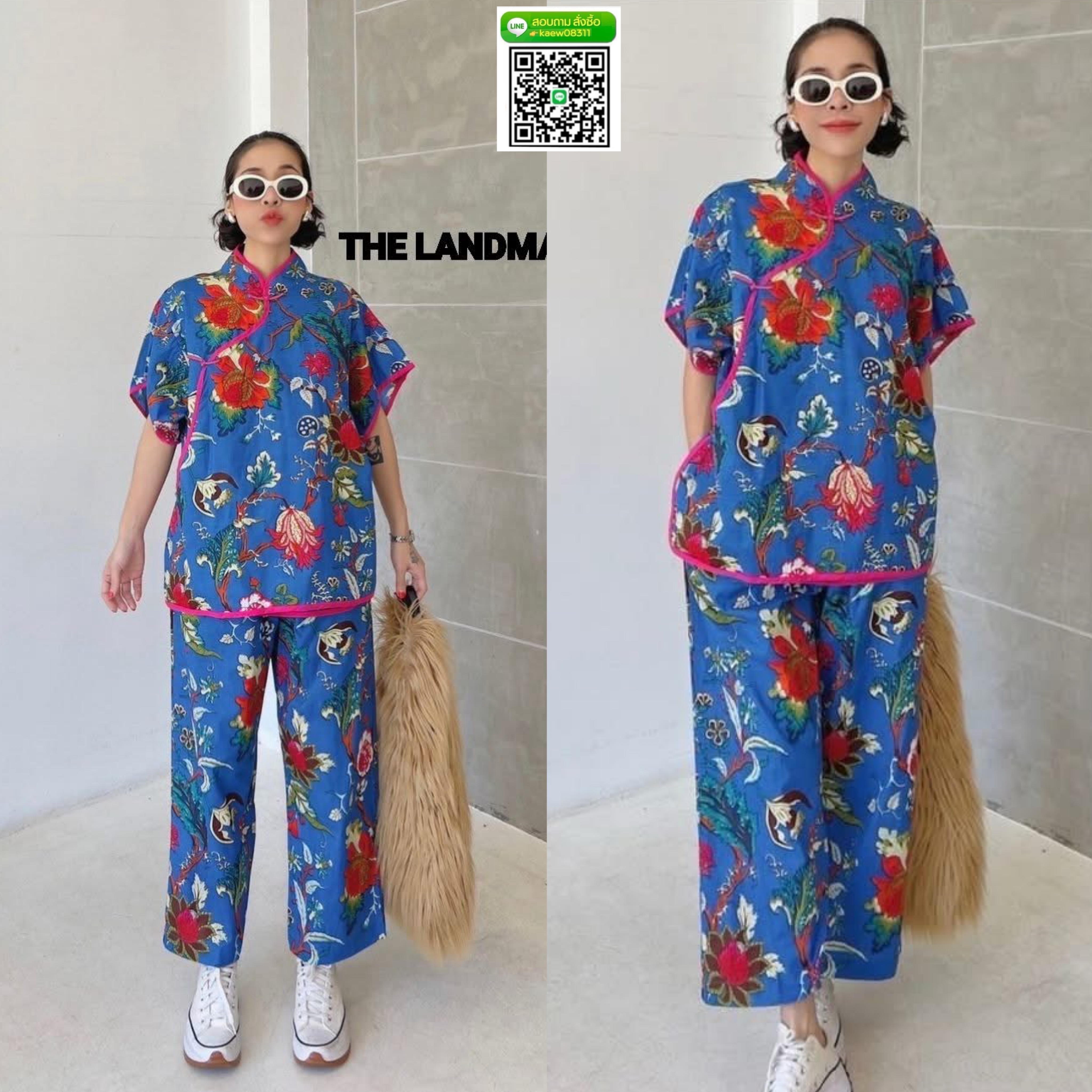 กี่เพ้า ชุดเซ็ทผ้าบล็อคคอทตอลอินเดีย เสื้อดีไซน์คอจีน กระดุมป้ายข้างกุ๊นขอบ กางเกงเอวสม็อค มีกระเป๋าล้วง ใส่สบาย : สินค้าคุณภาพ (พร้อมส่ง)