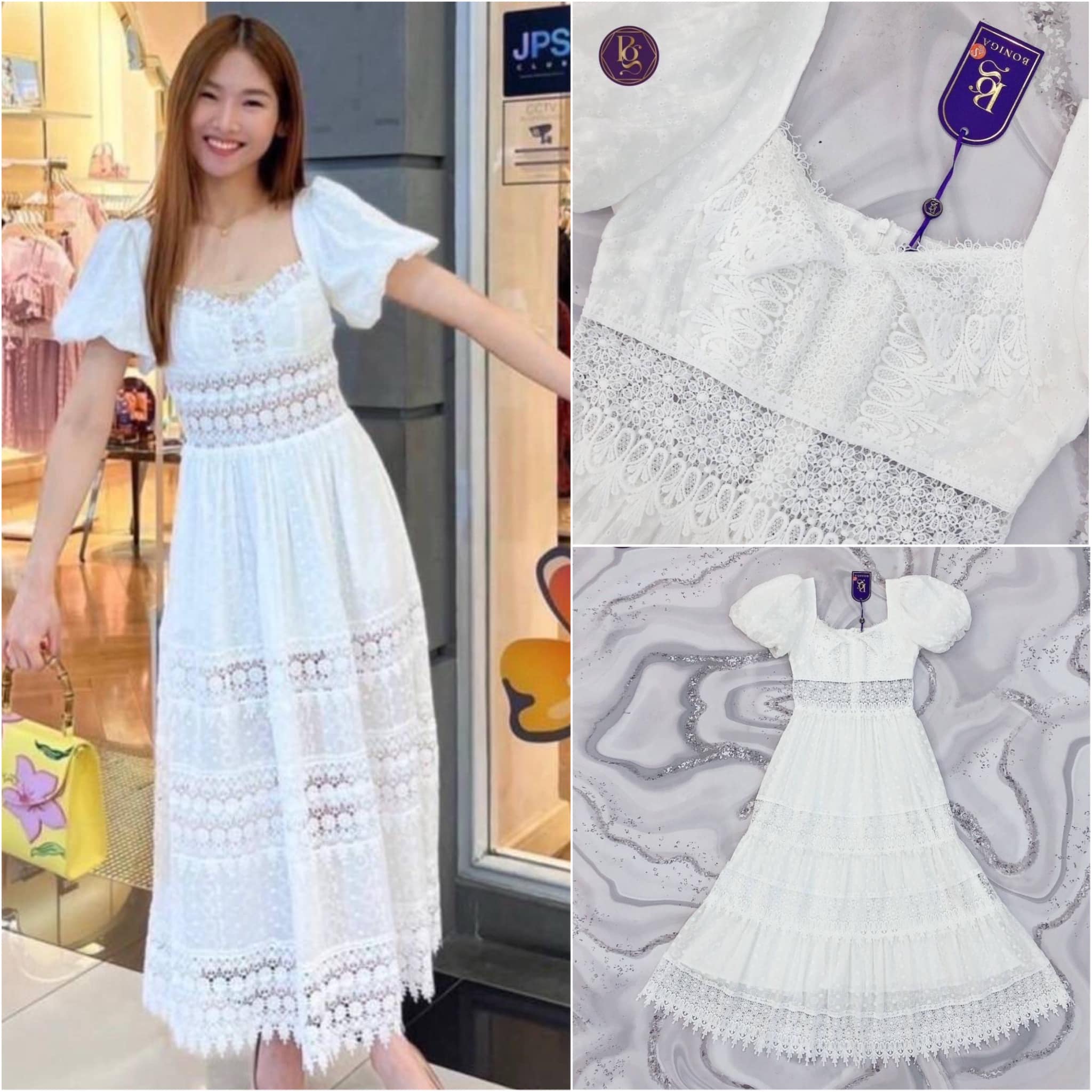 Maxi dress แม็กซี่เดรสตัวยาว แขนพอง ชุดทำบุญก็มาแม่ งานสวยสะพรึงมาก เนื้อผ้าลูกไม้คืออย่างดี สินค้าคุณภาพ (พร้อมส่ง)