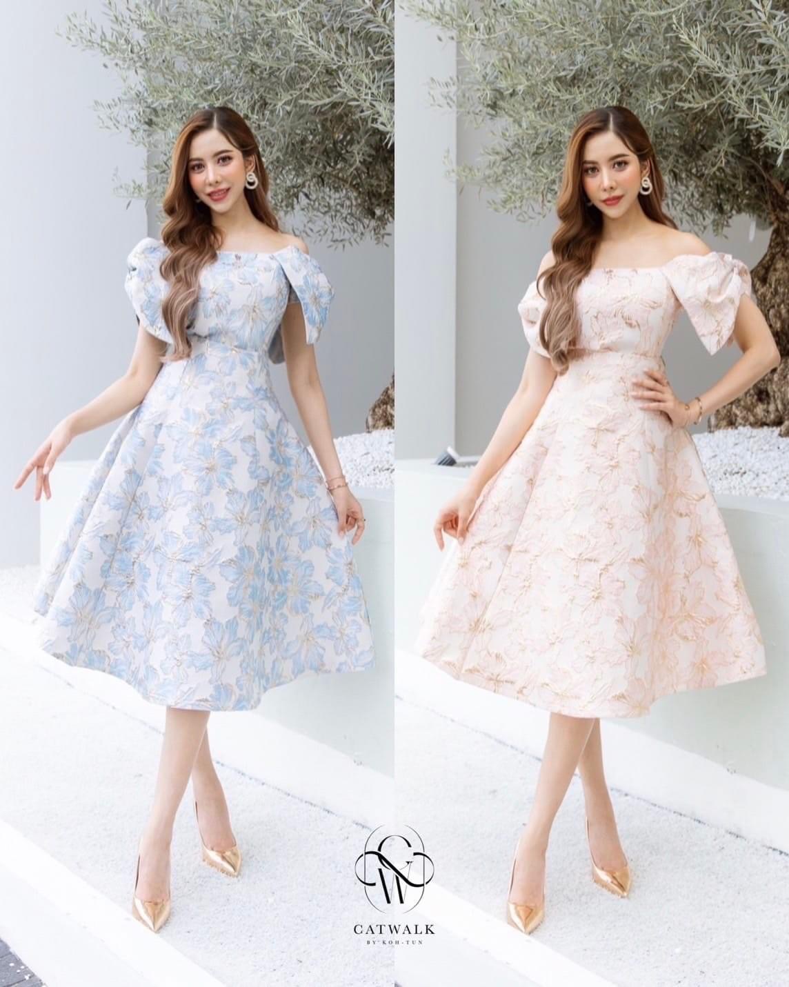 เซตผ้าทอ ลายเสื้อปาดไหล่โบว์ไหล่+กระโปรงทรงย้วย เนื้อผ้าเกรดเอ ผ้าสวยมาก ใส่สบาย สินค้าคุณภาพ (พร้อมส่ง)