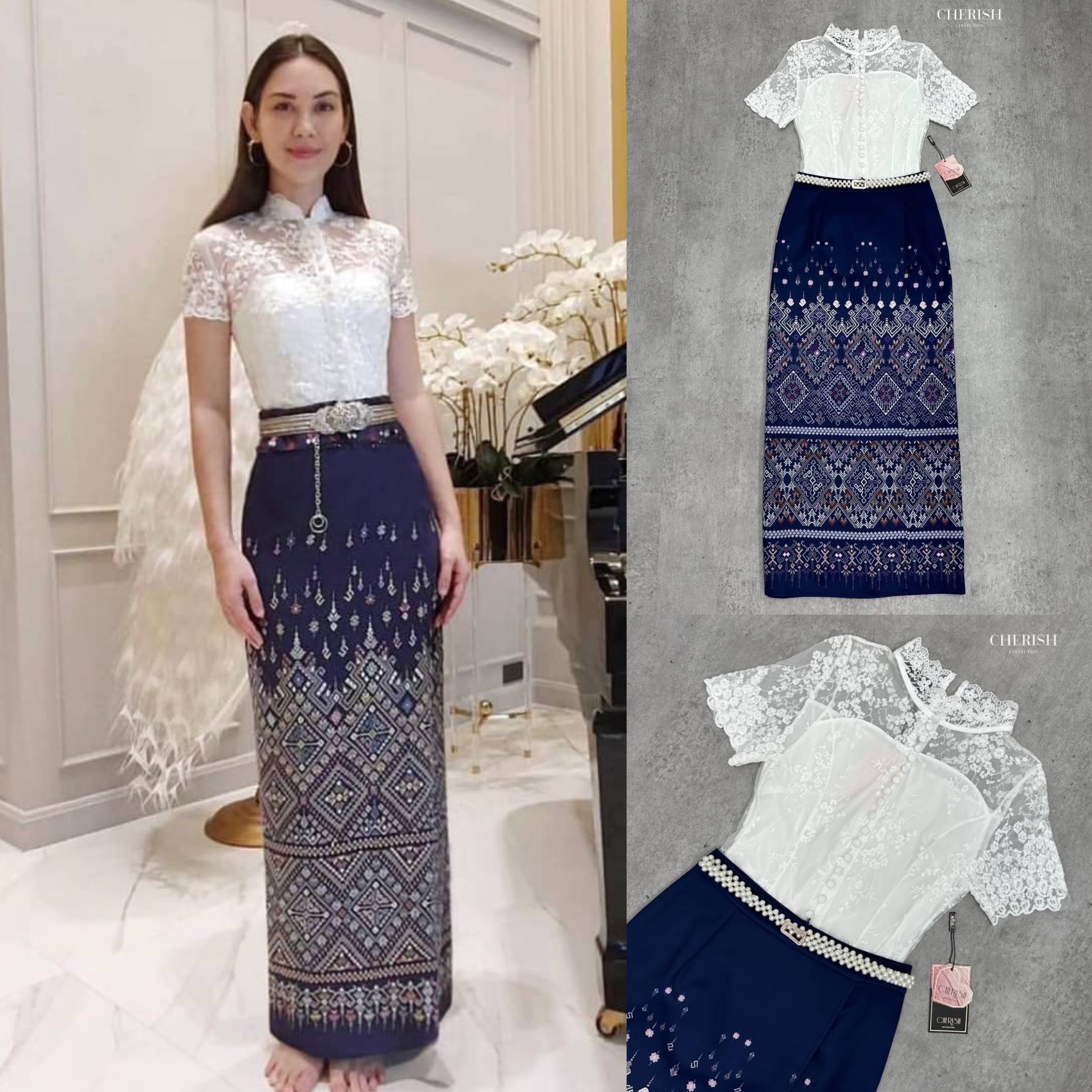 ชุดไทย เซ็ตงานบุญ 3 ชิ้น เสื้อลูกไม้เนื้อผ้าฝรั่งเศสเสริมซับในอย่างดี ใส่คู่ผ้าถุงสำเร็จเนื้อผ้าใส่สบาย จัดเข็มขัดมุกเกรดดีมาให้ครบเซ็ต สินค้าคุณภาพ (พร้อมส่ง)