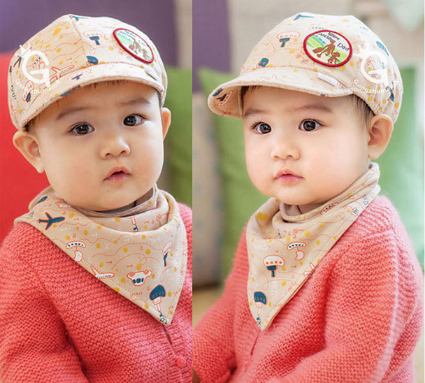 หมวกเด็ก หมวกทารก หมวกเด็กอ่อน Set หมวกแก๊ป+ผ้ากันเปื้อนเด็กสามเหลี่ยม Where Are We Going? Dad! เด็ก 3-24 เดือน