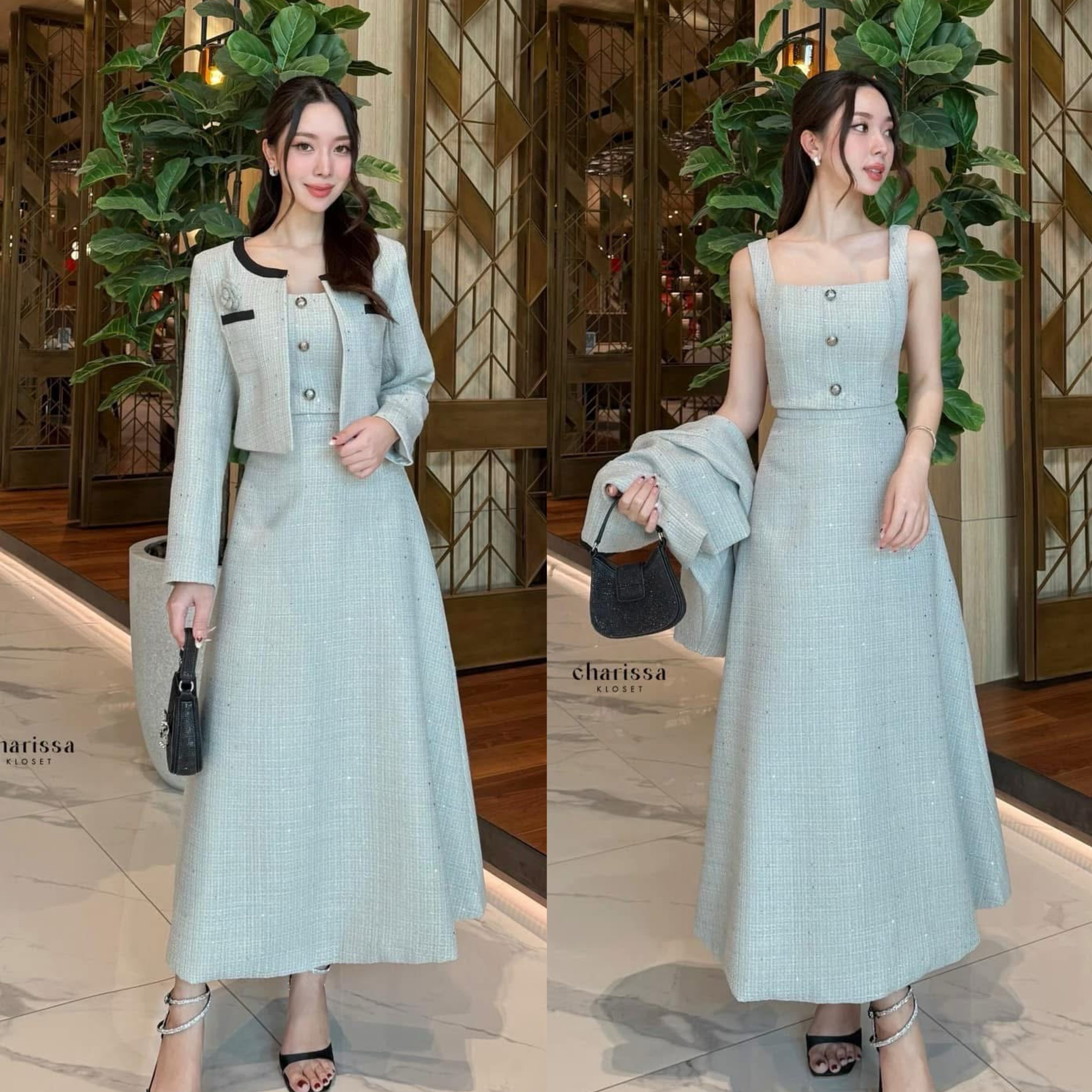Set 4 ชิ้น เสื้อคลุม+ เสื้อครอปสั้น+ กระโปรงยาวเอวสูง +เข็มกลัดดอกไม้ ใส่สบาย : สินค้าคุณภาพ (พร้อมส่ง)