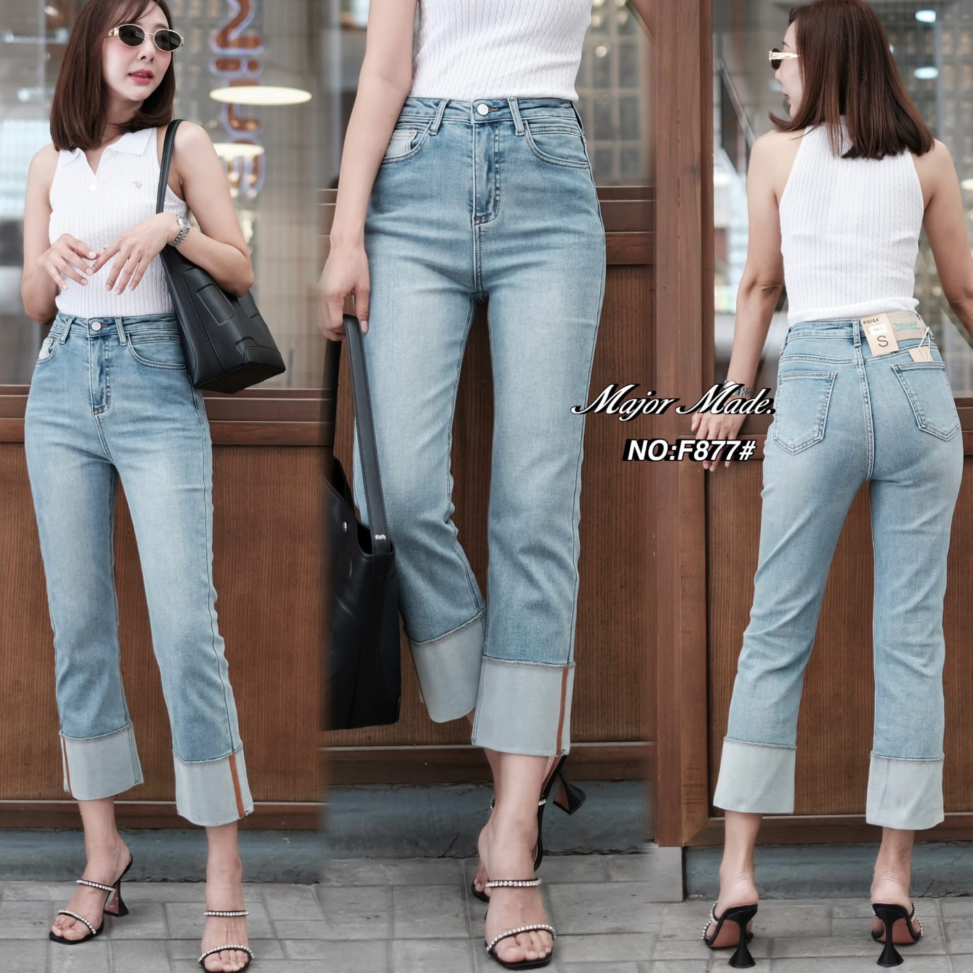 กางเกงยีนส์ทรง8ส่วน ทรงกระบอกเล็ก ปลายขาตัดต่อผ้า two tone style ใส่สบาย : สินค้าคุณภาพ (พร้อมส่ง)