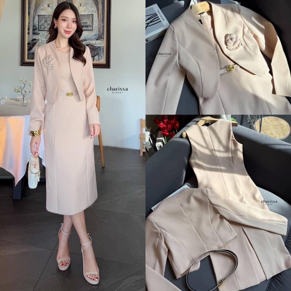 Set 4 ชิ้น เดรส เสื้อคลุม เข็มกลัด และเข็มขัด เดรสทรงสอบมาพร้อมเสื้อครอป เข็มขัด แถมฟรีเข็มกลัดดอกไม้ ใส่สบาย : สินค้าคุณภาพ (พร้อมส่ง)